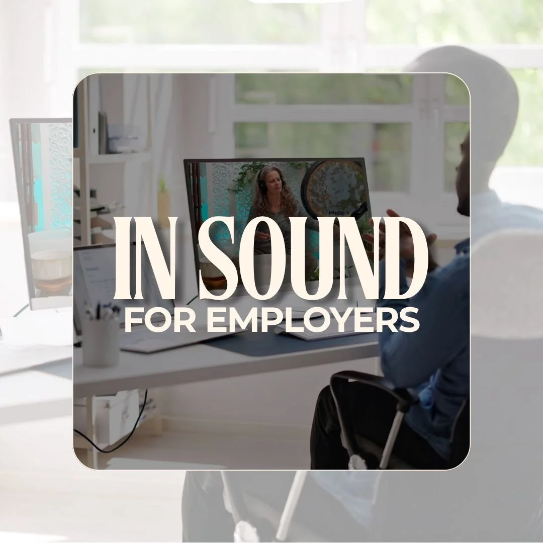 Photo of a man at a desk watching a sound session with the words InSound for Employers overlayed