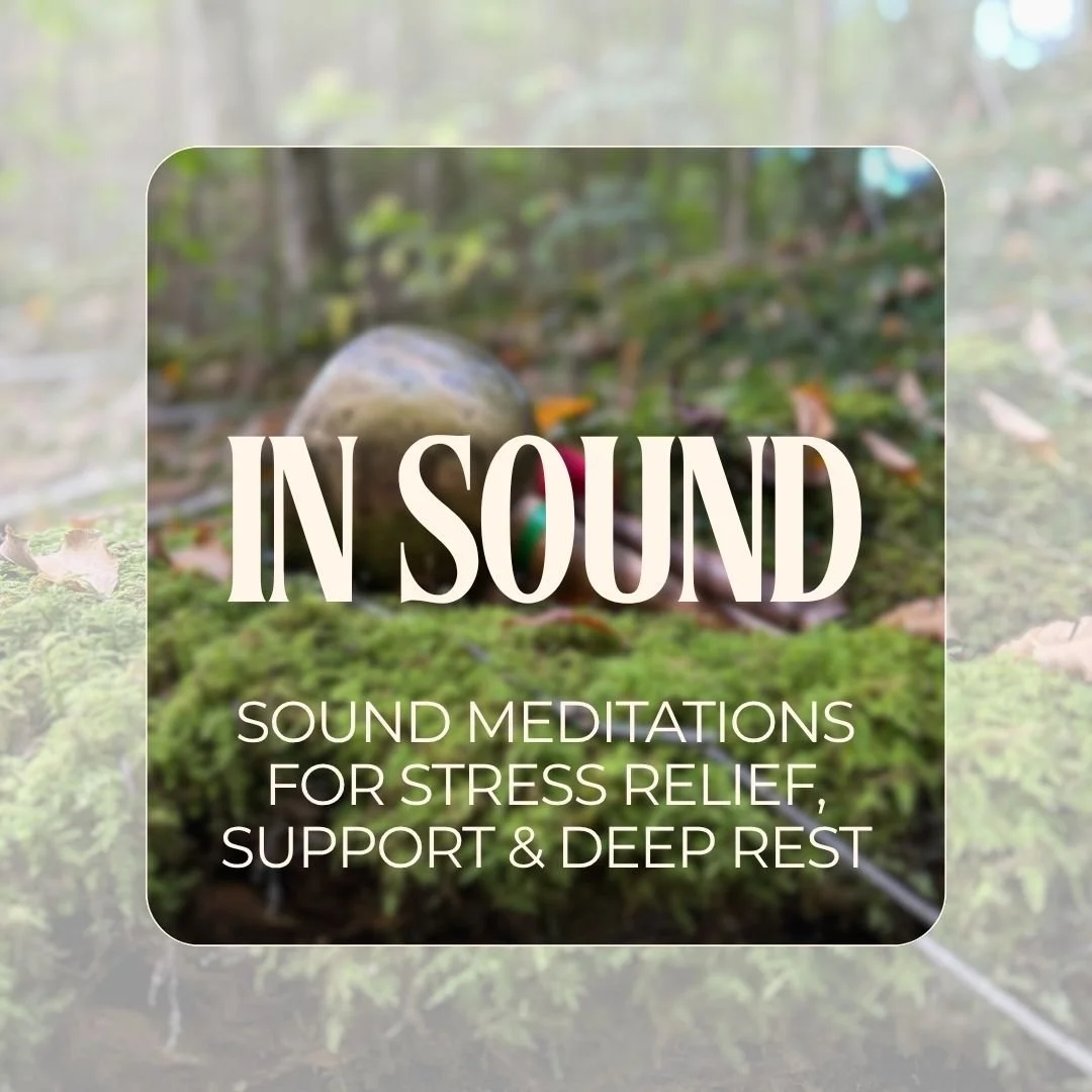 Photo of a metal singing bowl on a stick laying on a mossy forest floor with the words InSound overlayed