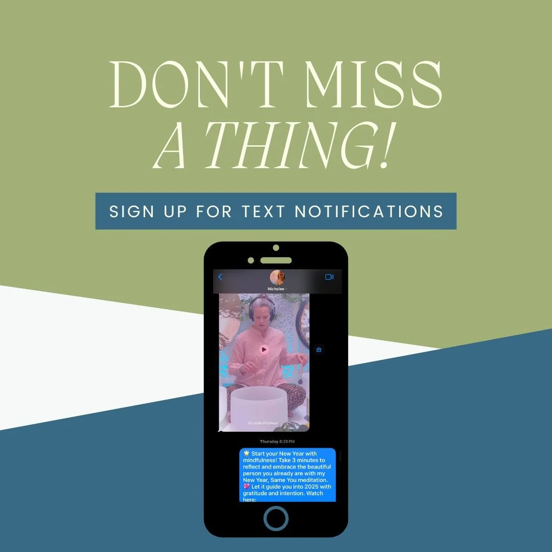 A promotional poster with a green background and white text that says, "Don't Miss A Thing! Sign Up for Text Notifications." Below the text, there is an image of a smartphone displaying a video call with a woman in pink, surrounded by a message box with a New Year motivational message.