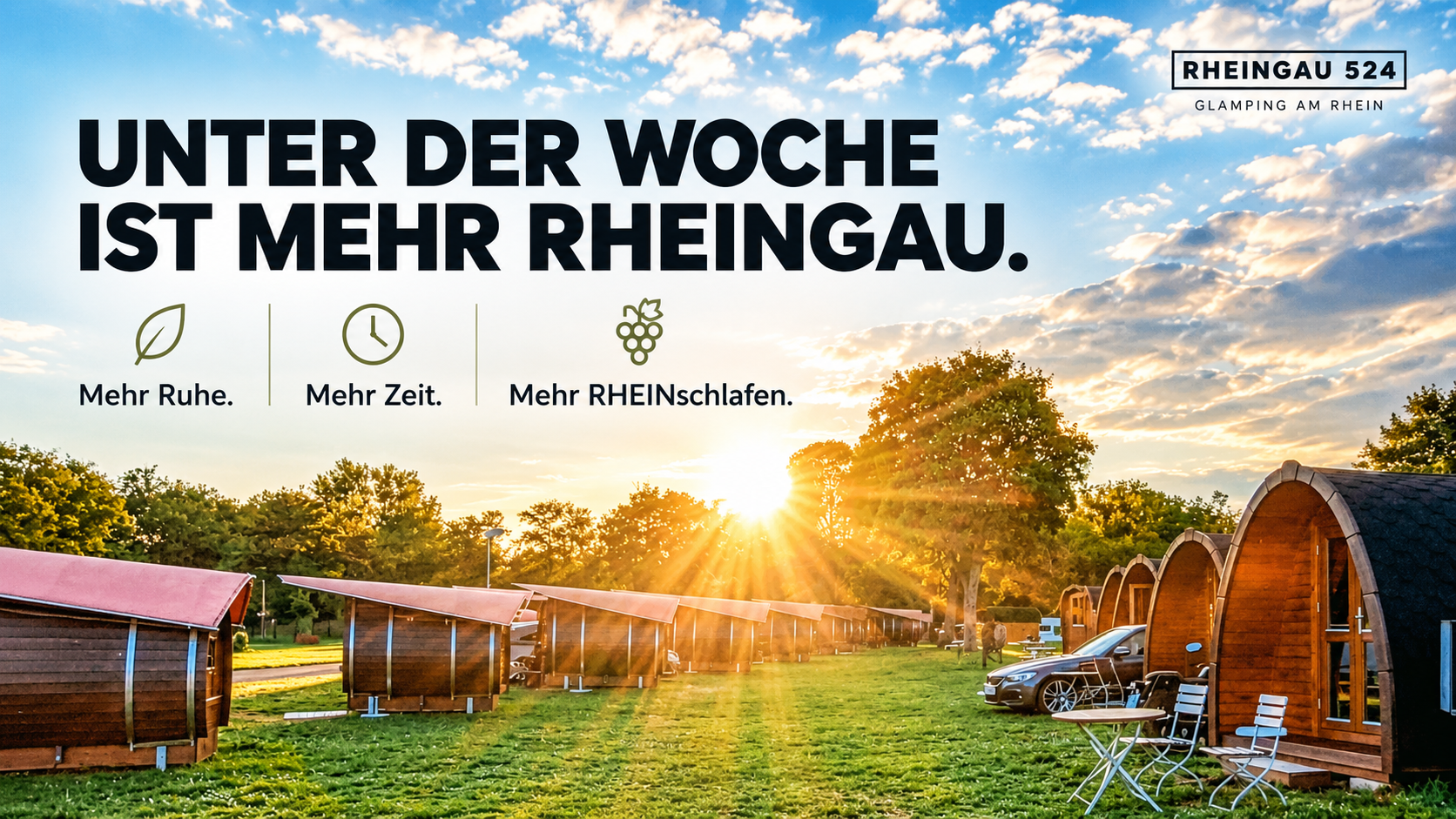 Glamping bei Rheingau524 im Rheingau – Schlummerfässer und Lodges in der Abendsonne