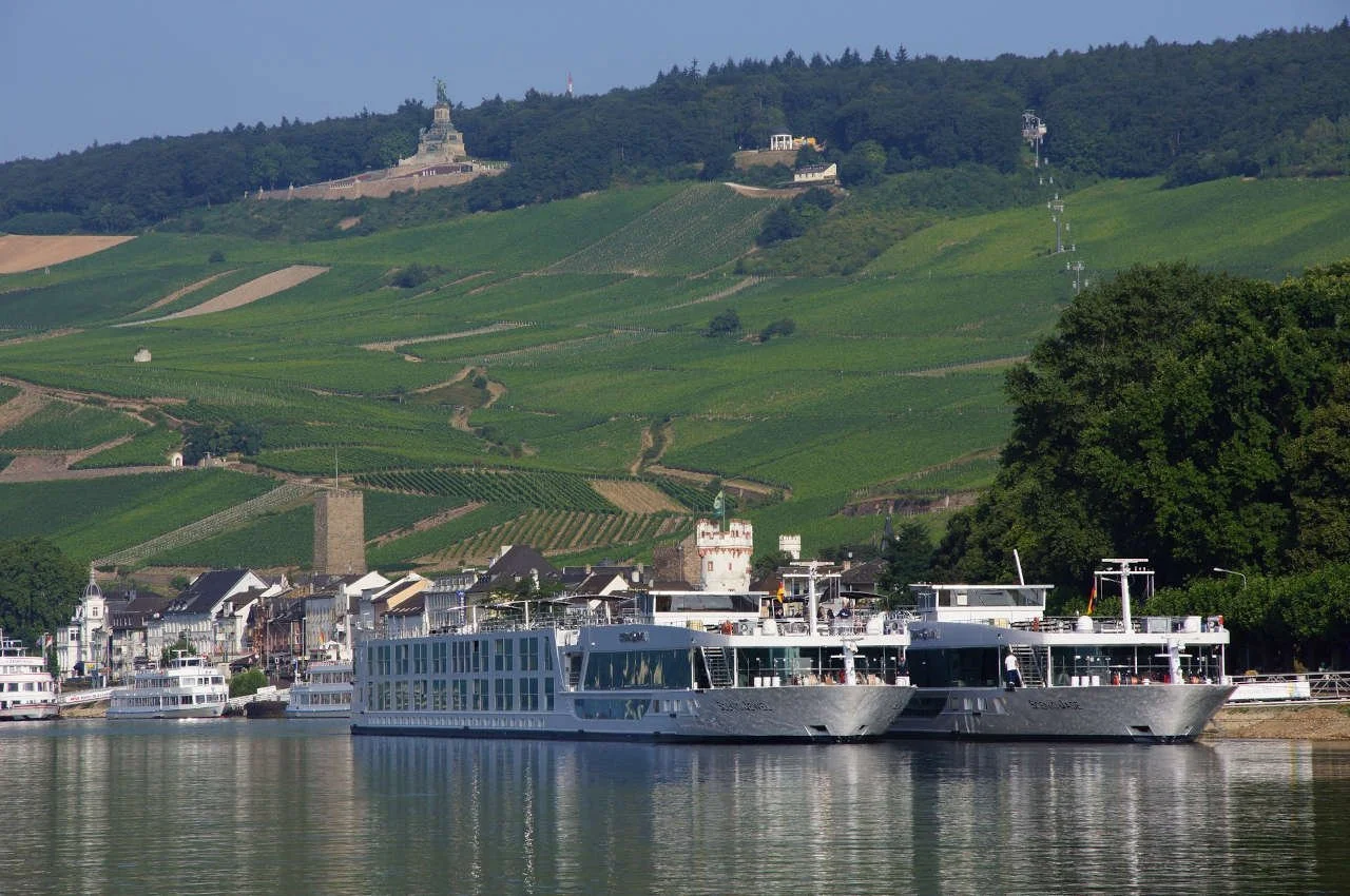 Panoramablick vom Rhein über zwei Kreuzfahrtschiffe bis zum Niederwalddenkmal in Rüdesnheim