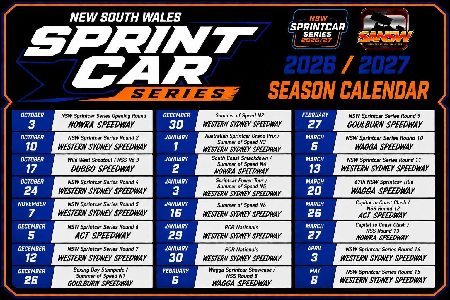 SANSW Calender, Sprintcar Association of NSW,