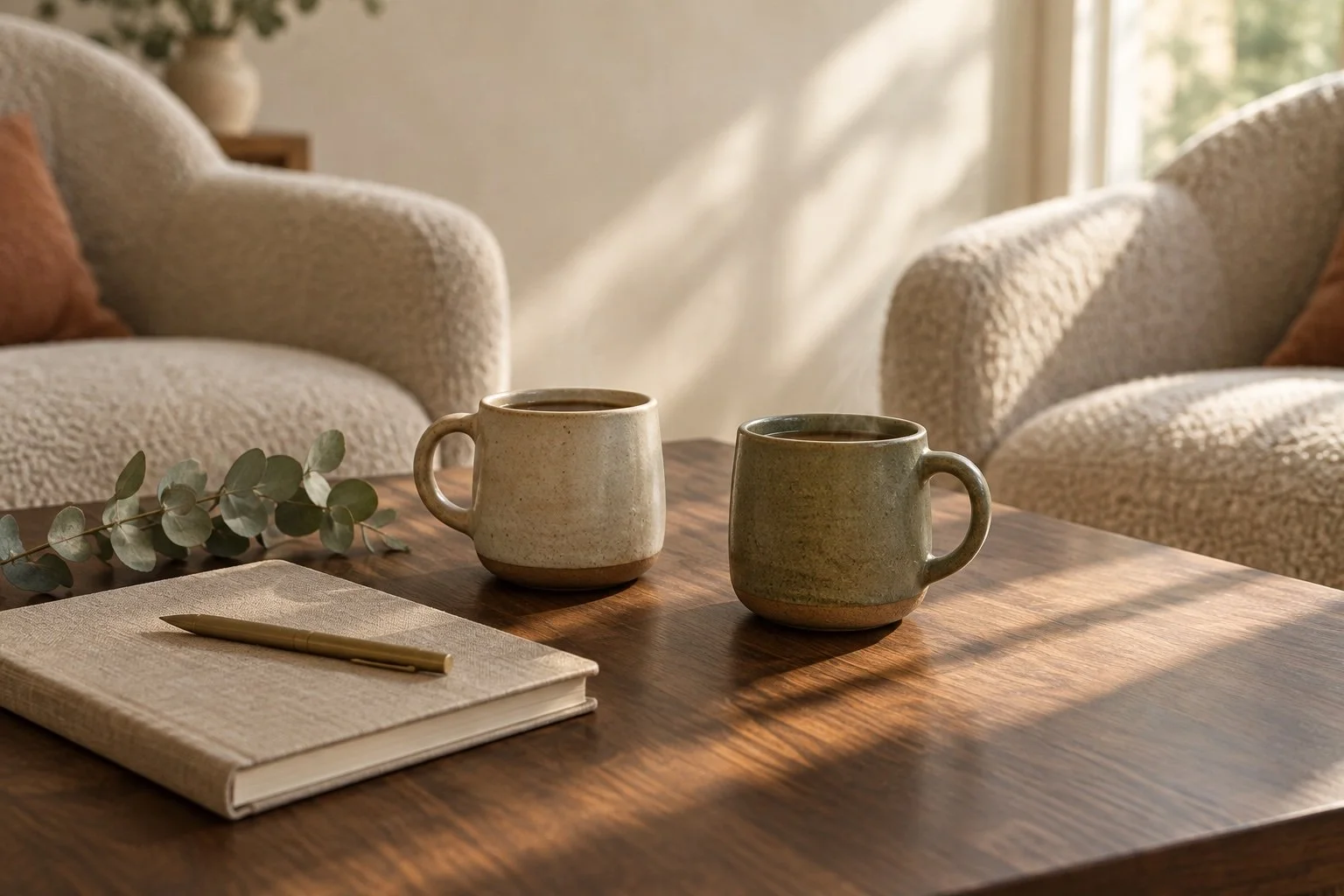 Two mugs and a shared notebook on a wooden table, with two armchairs facing each other behind.