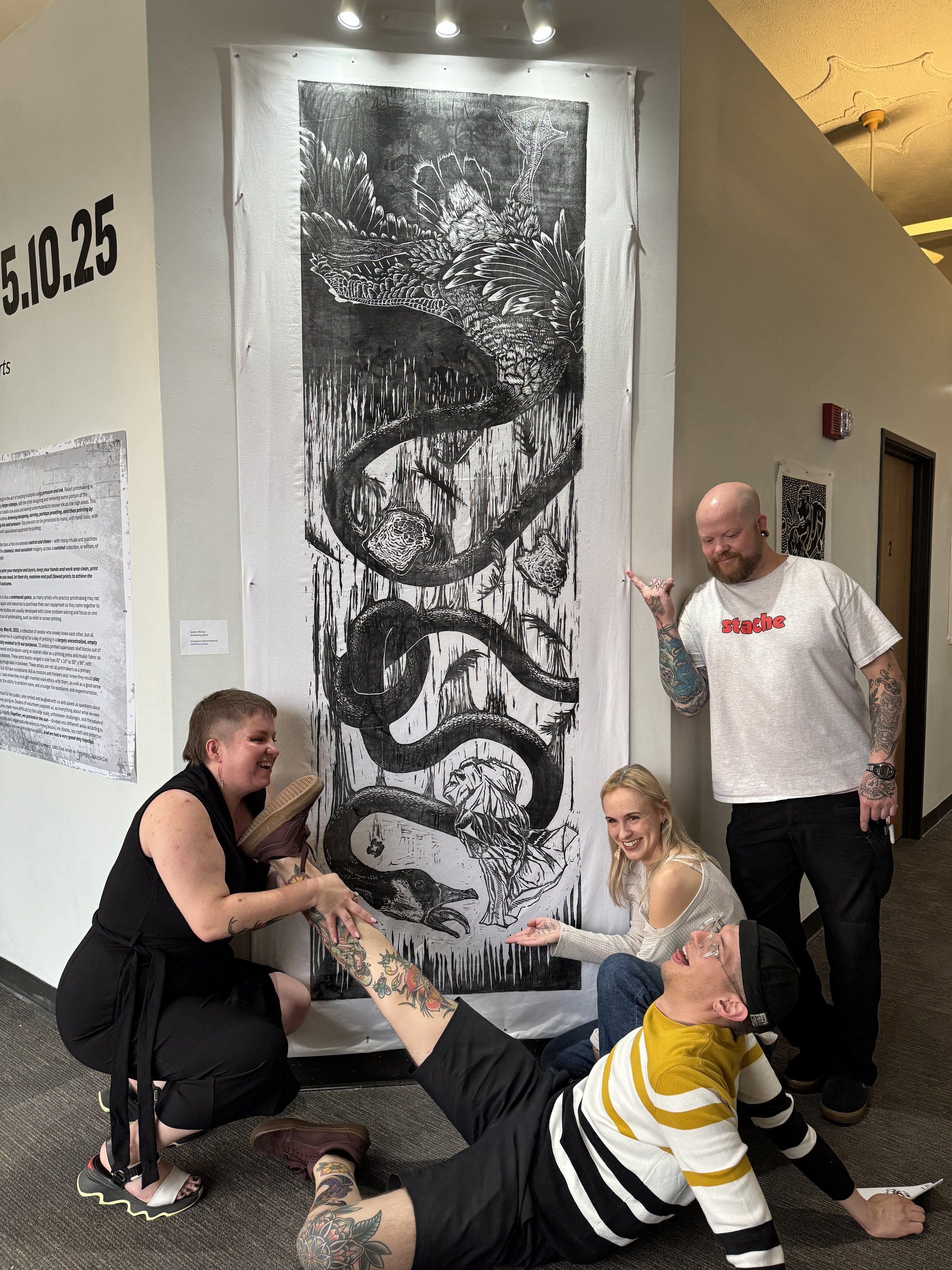 "Screaming Birds," 2025. Exhibited at Riverbank Arts, University of Michigan-Flint, for "Off the Block: 5.10.2025"