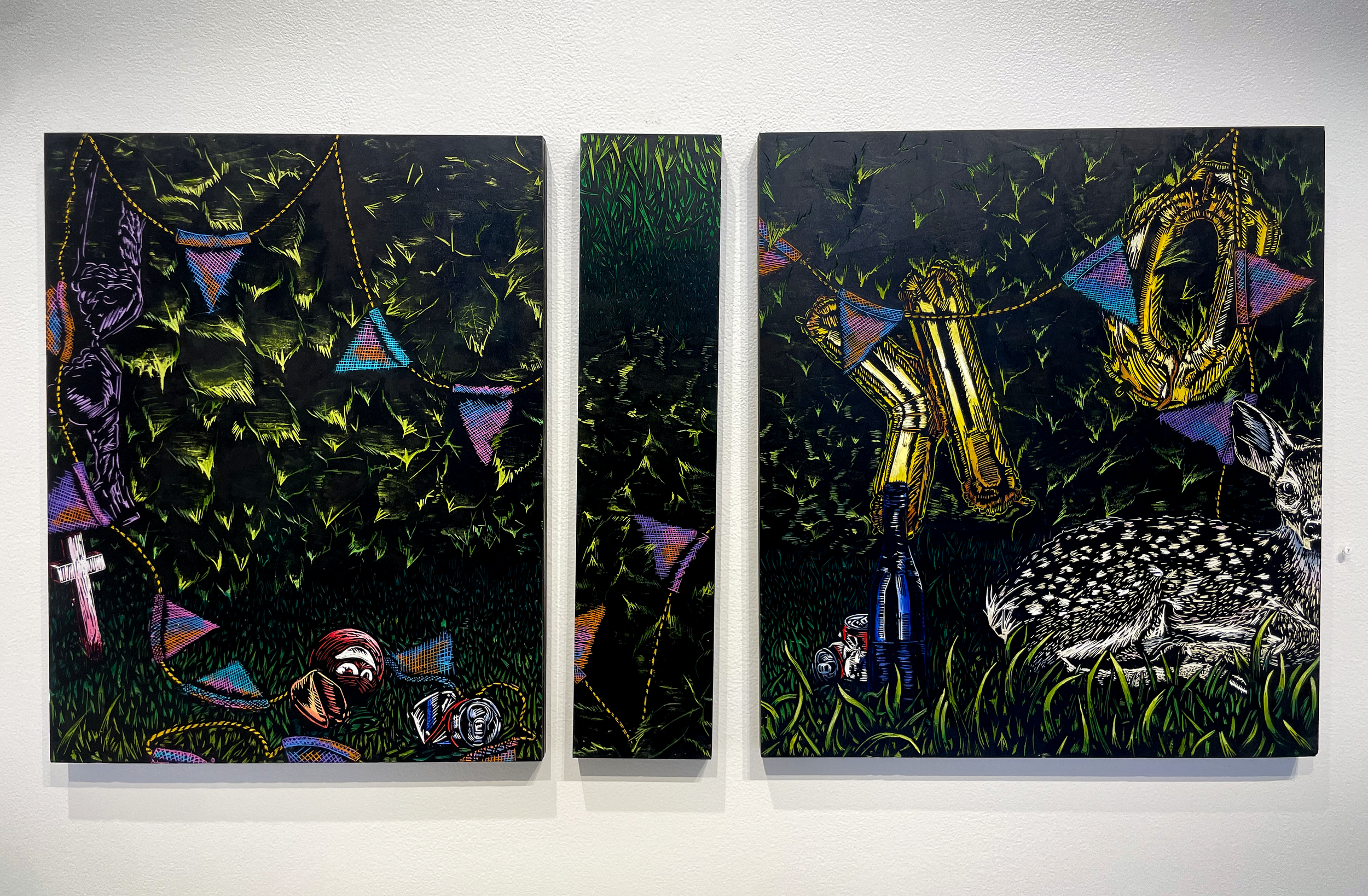 “Flip it and Reverse it (KO),” 2024. Acrylic and Printmaking Ink on Wood (Repurposed Block), 24”x46”