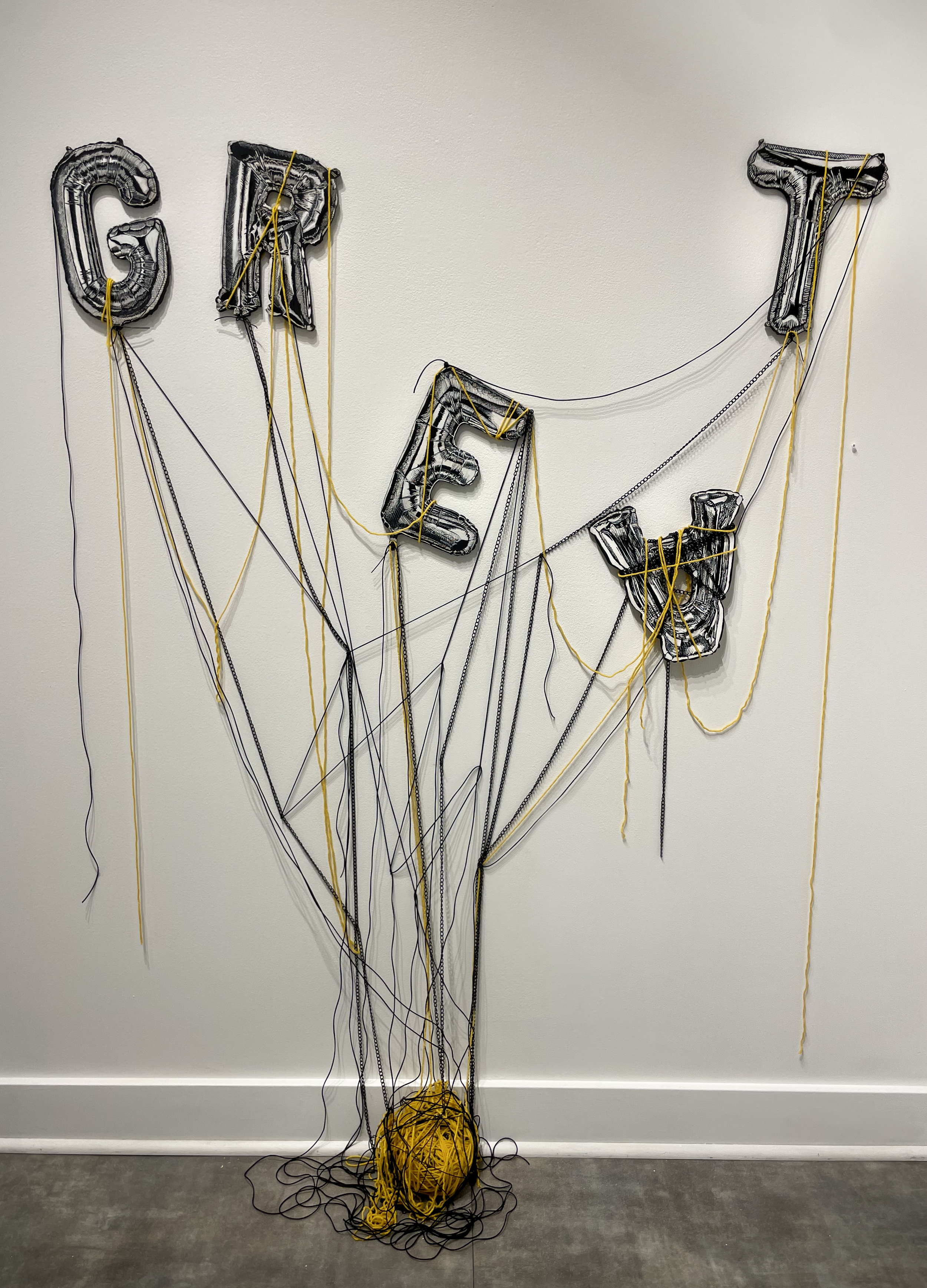 “How are you?” 2024. Marker on Laser Cut Wood, Cable Chain, Yarn, String