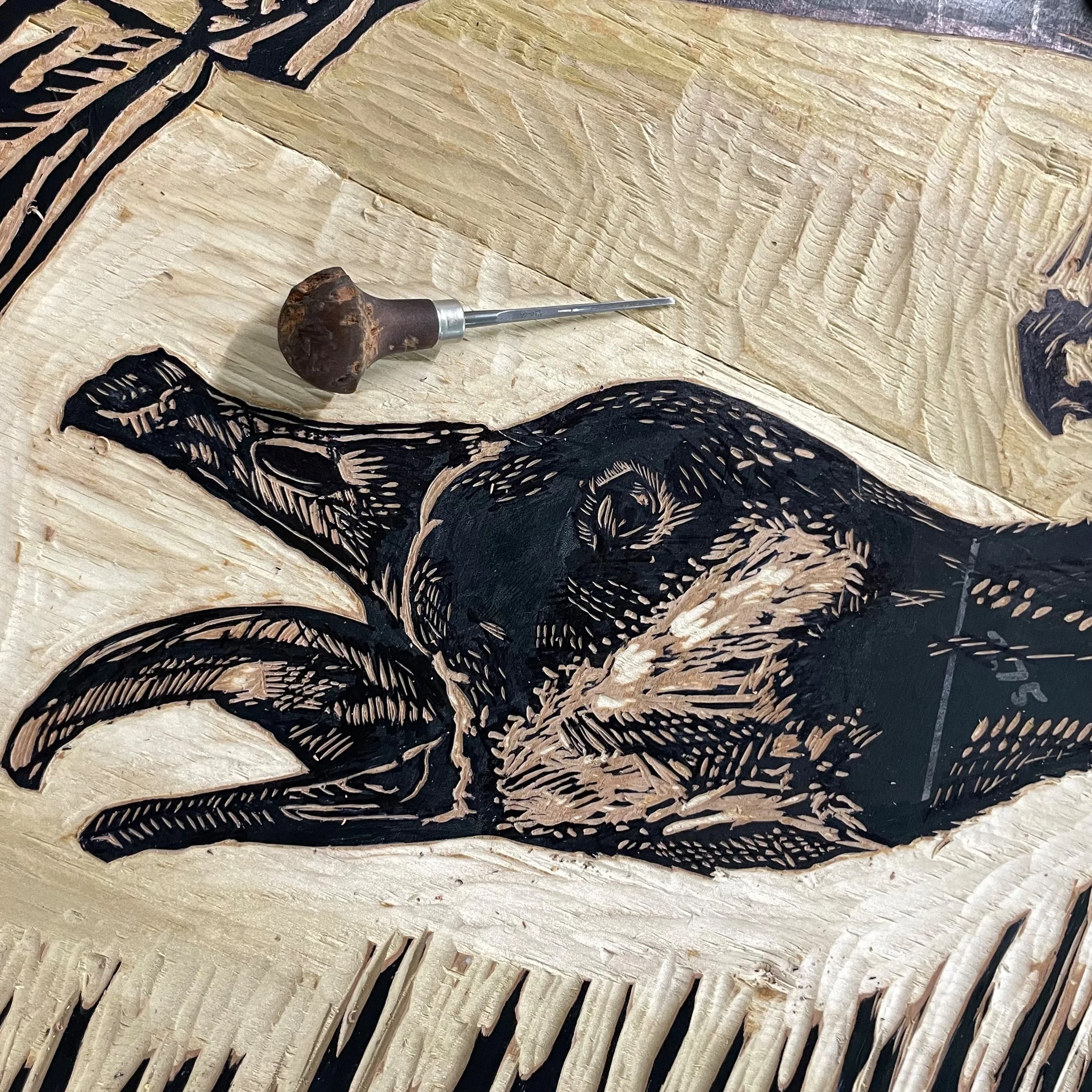 "Screaming Birds," 2025. Block in progress 