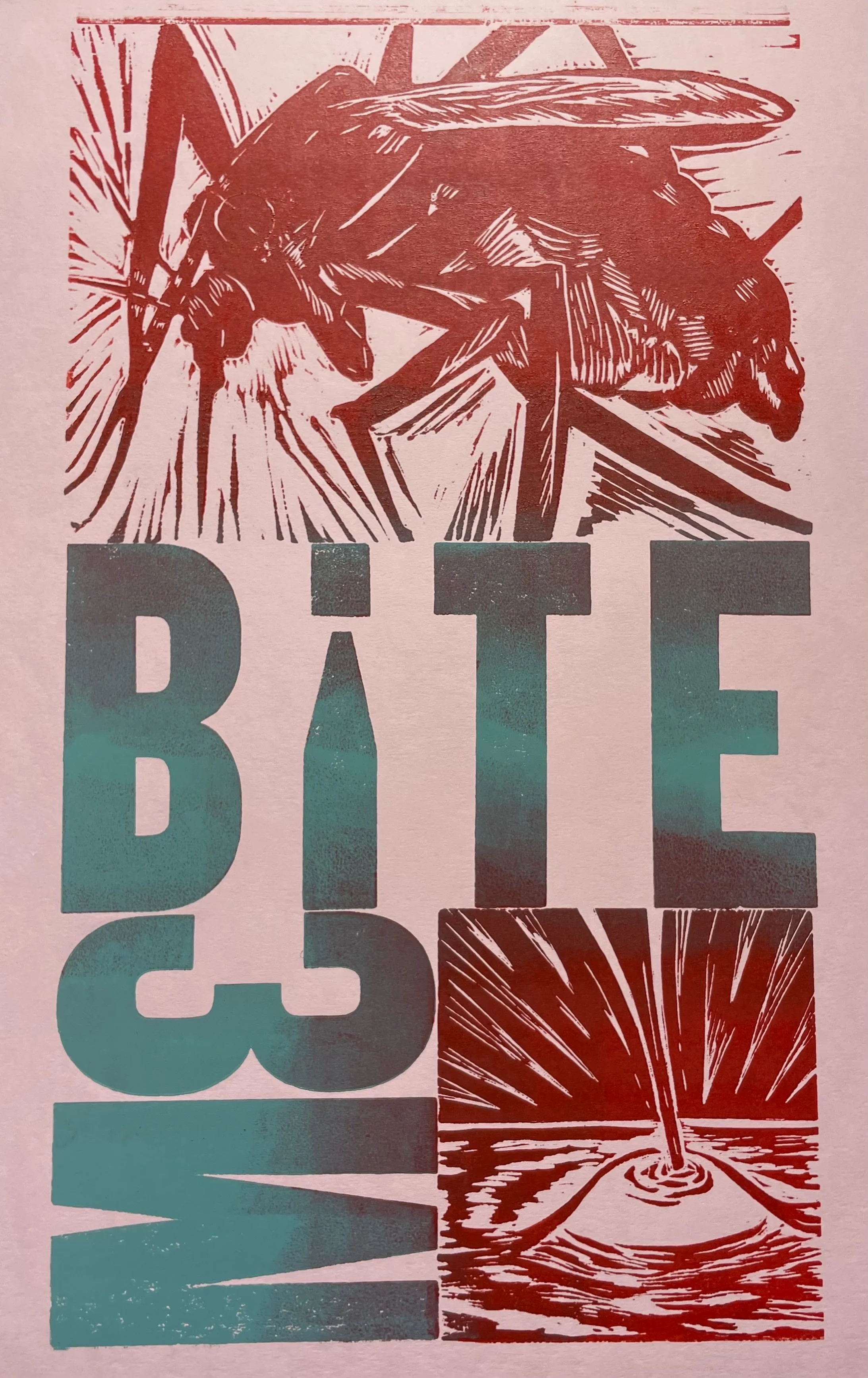 "Bite Me," 2025. Woodcut, Linocut, Letterpress
