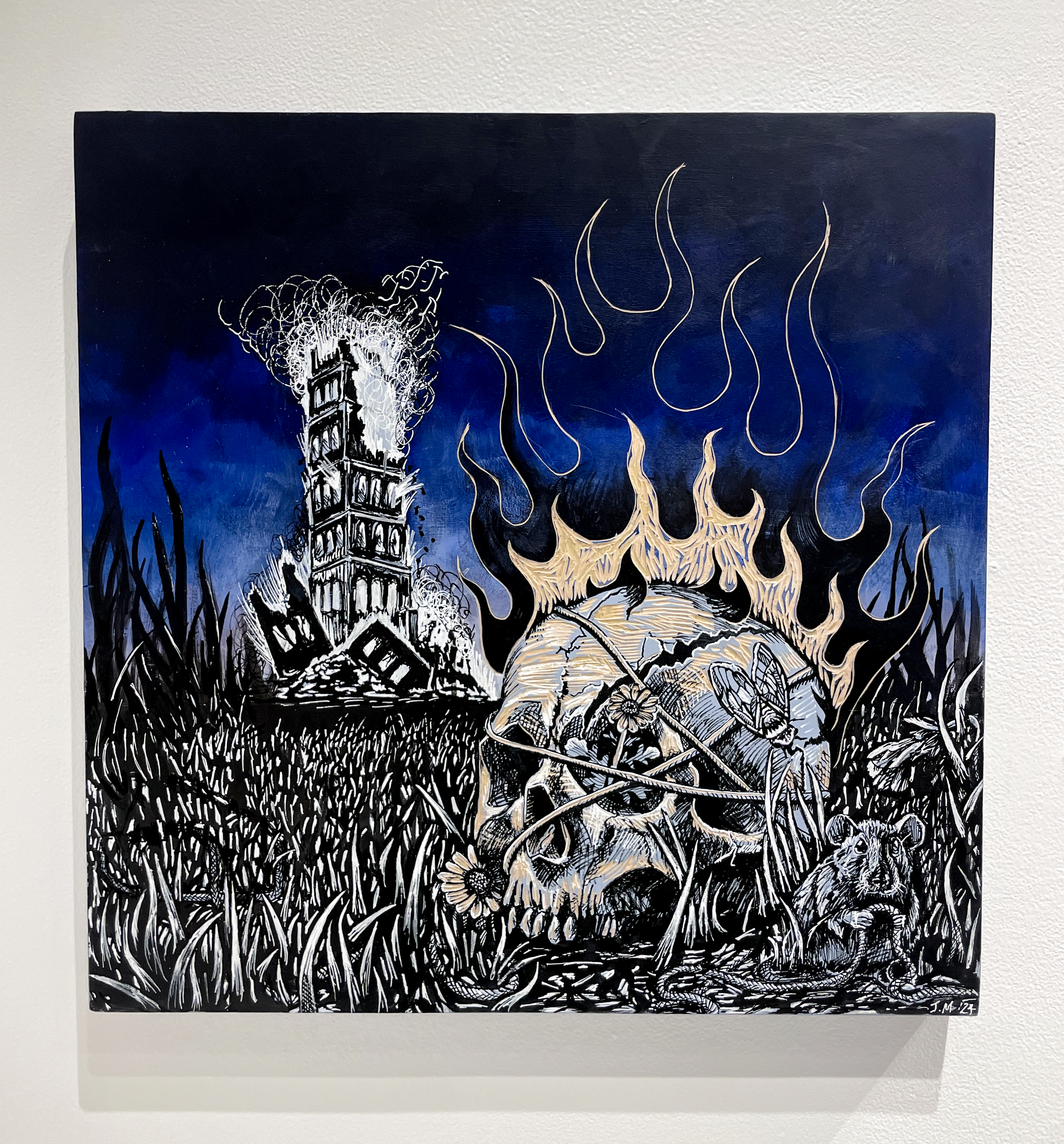 “The Tower,” 2024. Acrylic on Wood, Relief Carving, Marker