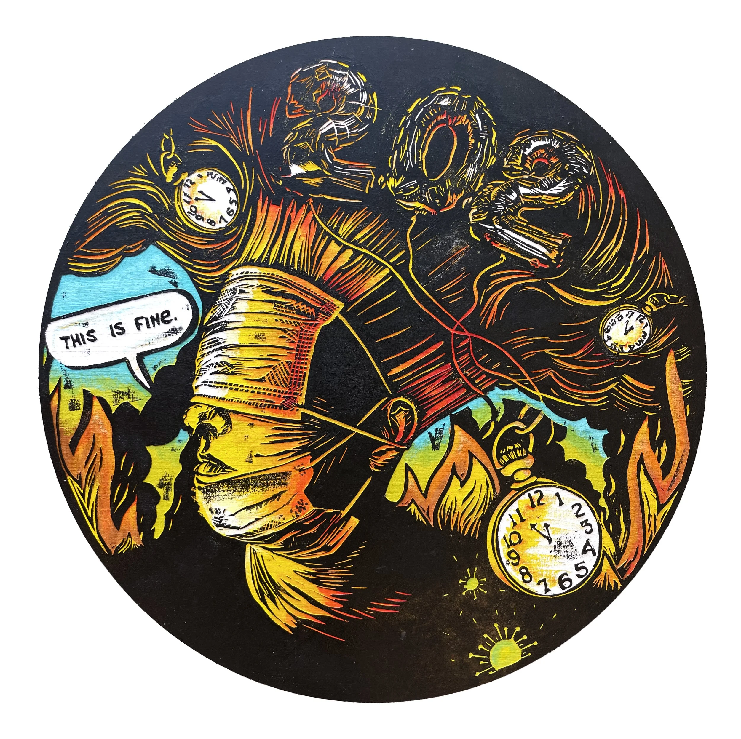 “Same Shit, Different Shit,” 2024. Acrylic on Wood, Laser Engraved Image from Linocut Print