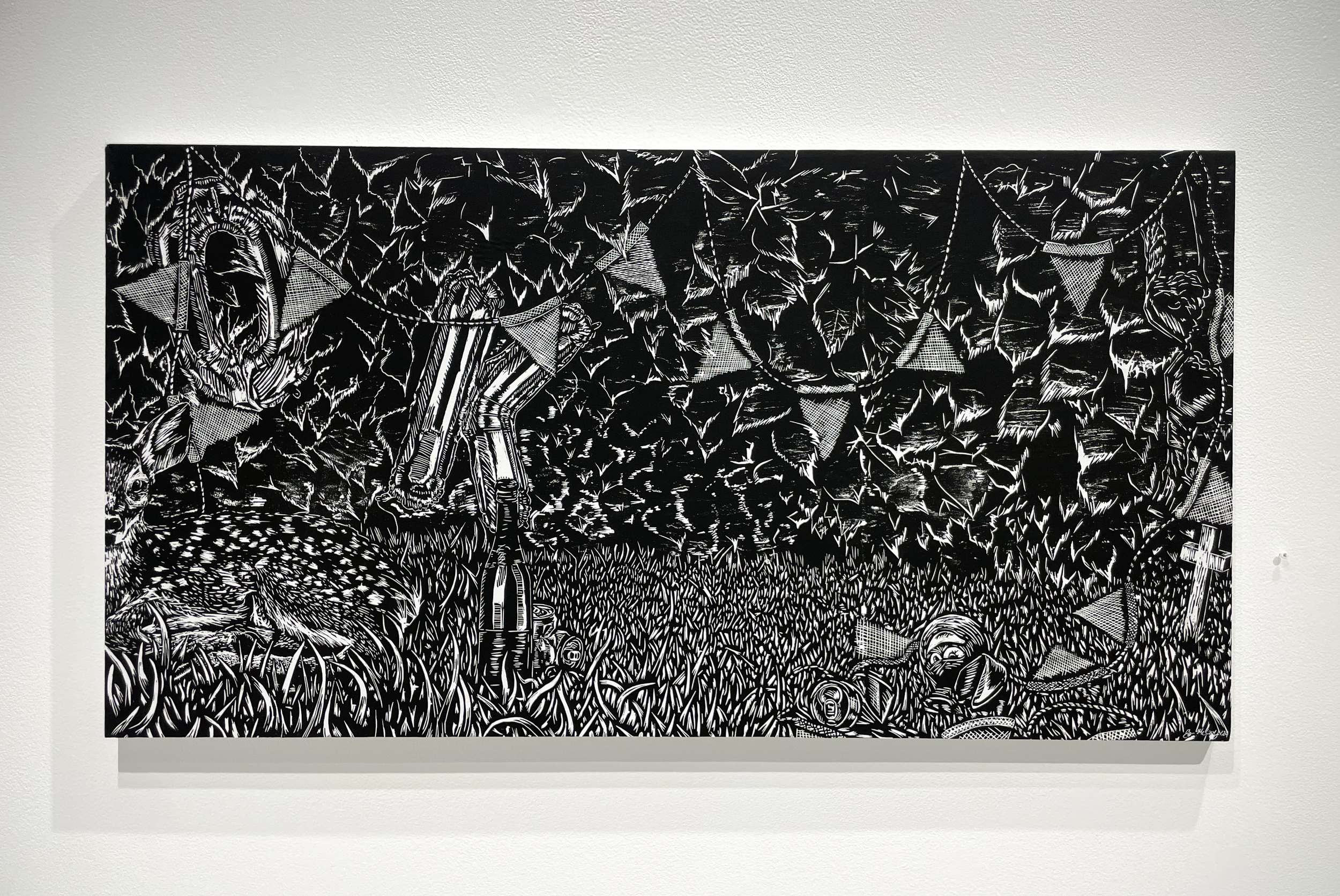 “The Heart of It All,” 2024. Woodcut Mounted on Wood, 24”x46”