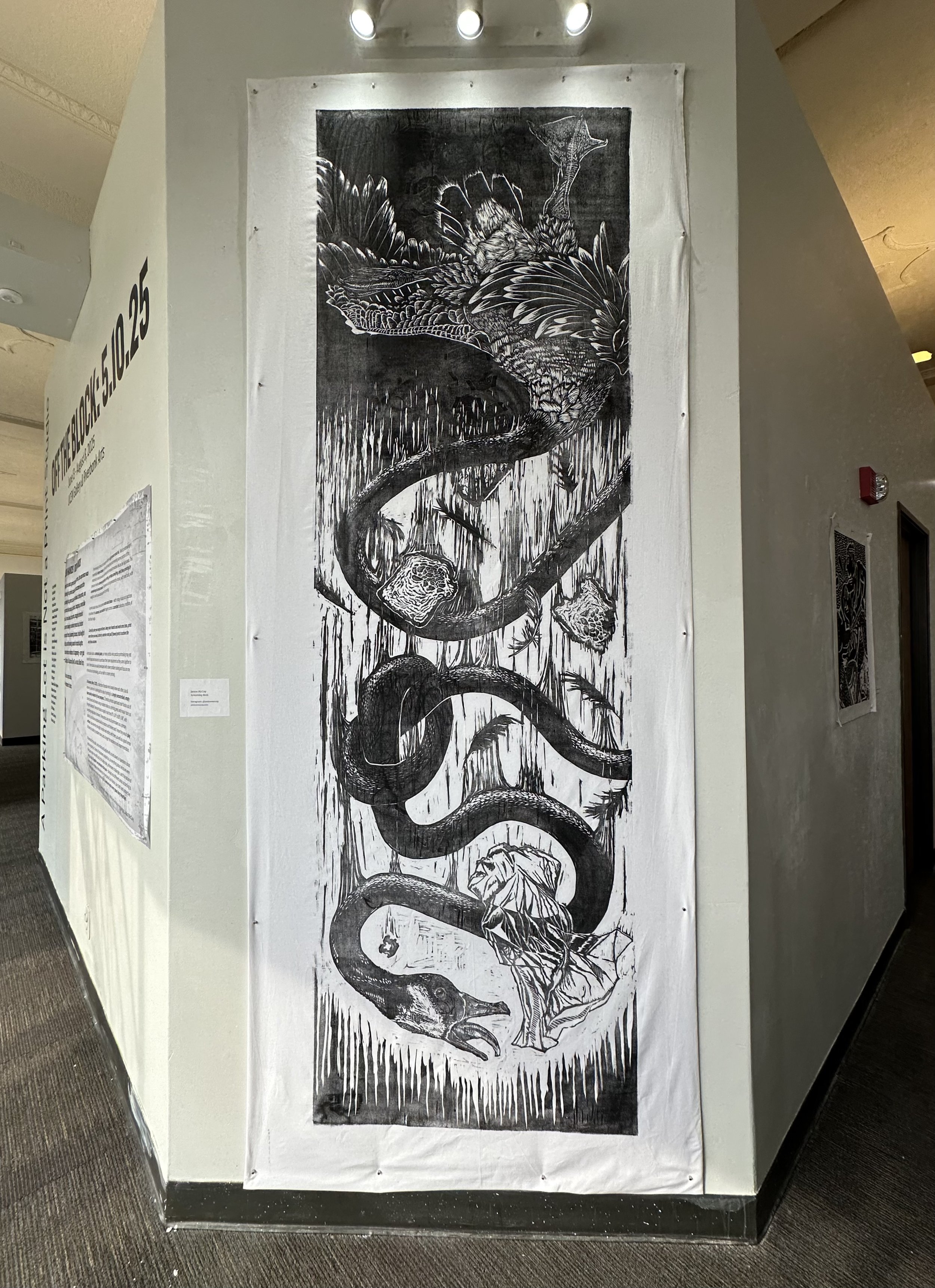"Screaming Birds," 2025. Woodcut, 30"x96"