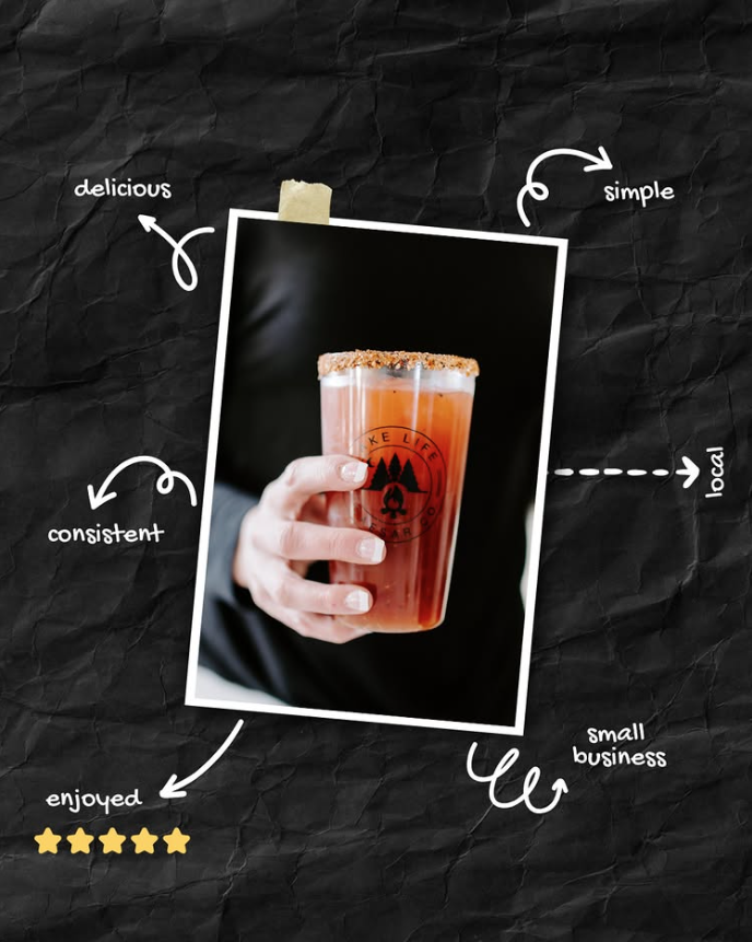 A hand holding a glass of pink smoothie with a salted rim, on a black crinkled paper background with handwritten annotations describing it as delicious, simple, consistent, local, enjoyed (with five star icons), and from a small business.