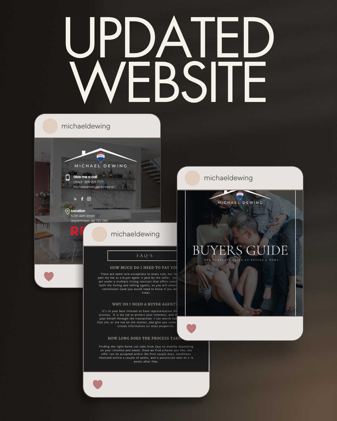 Screenshot of a social media post promoting an updated real estate website, showing sample pages including a contact info page, a FAQ page, and a buyer's guide page with images of family and home interior.