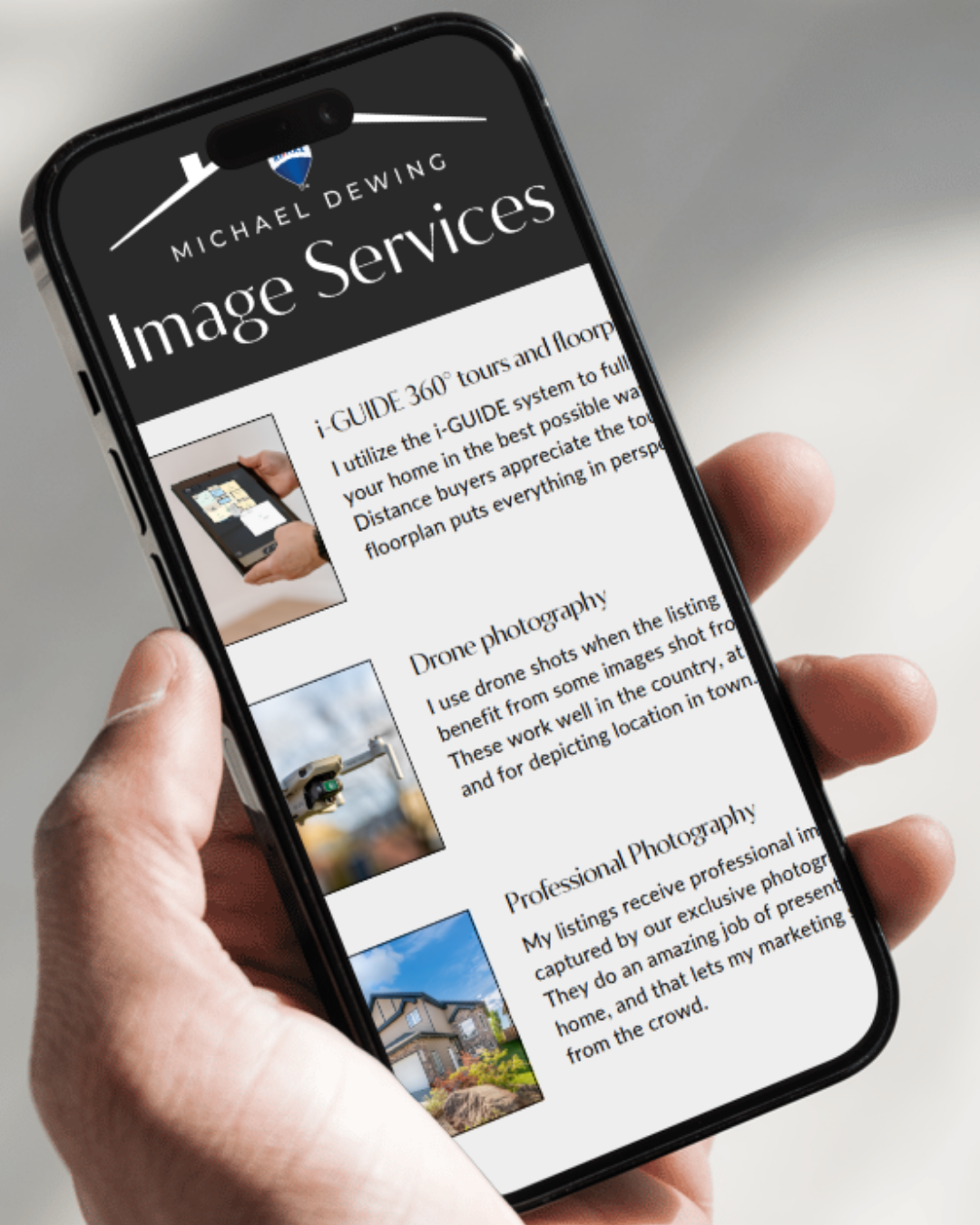 Close-up of a smartphone screen displaying a real estate service webpage with images and descriptions of 3D tours, drone photography, and professional photography, held in a person's hand.