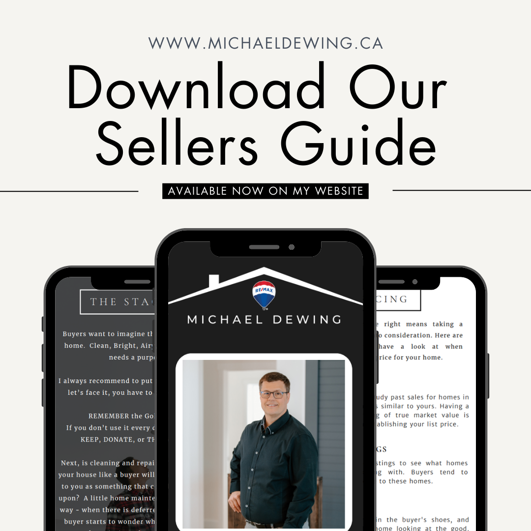 Promotional graphic for Michael Dewing's website encouraging users to download his sellers guide, featuring a central smartphone image with his photo and website URL at the top.