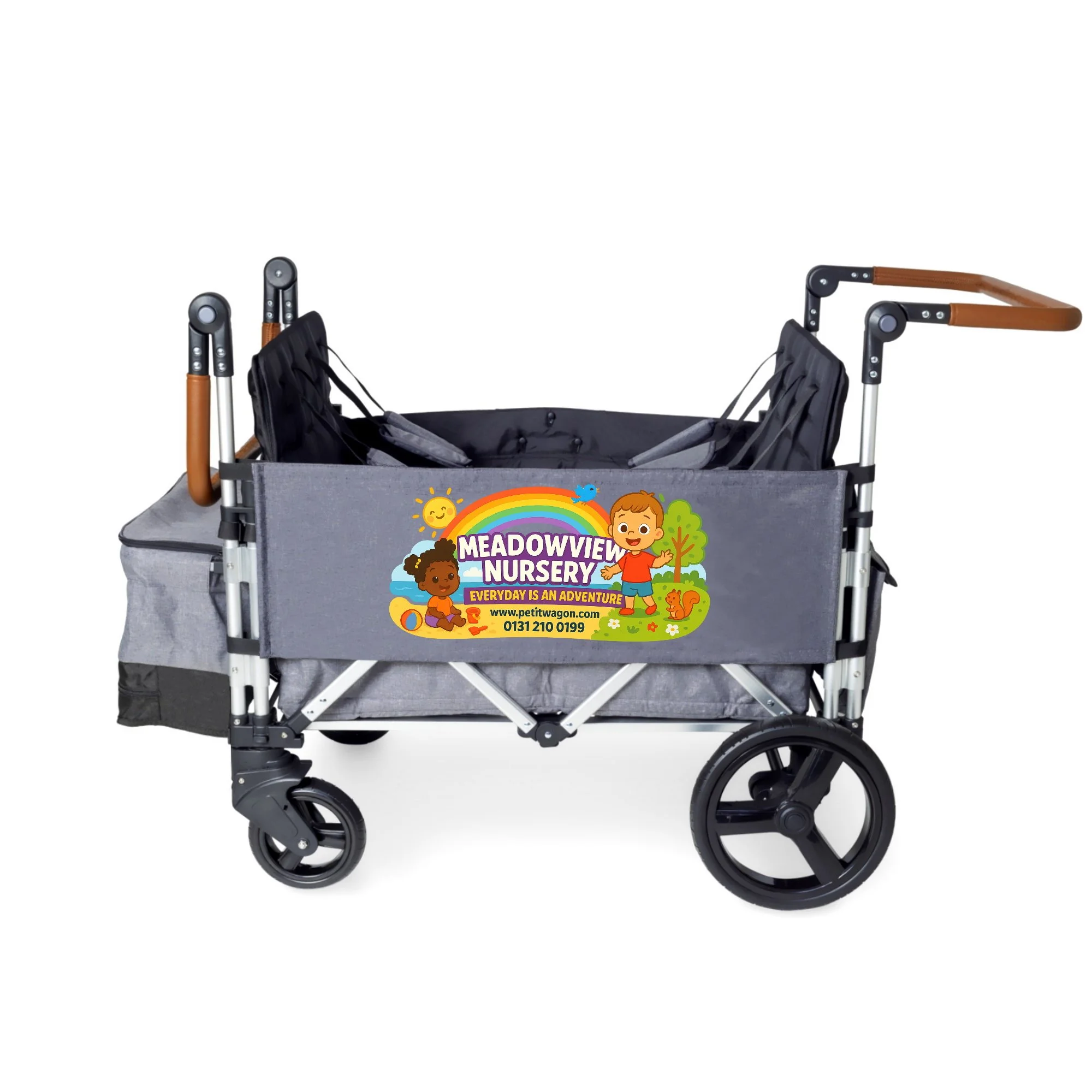 Gray collapsible stroller wagon with a custom branding banner featuring "Nursery Managers Show" .