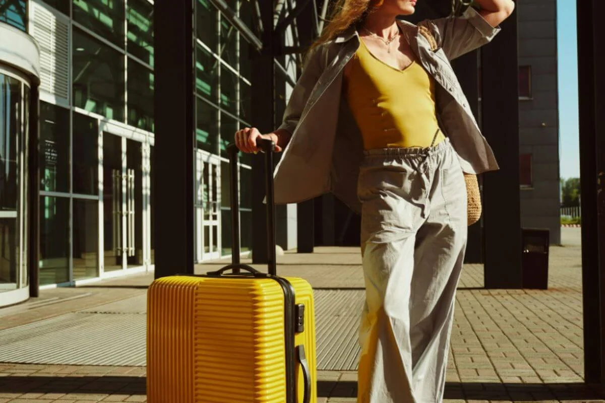 Woman walking confidently with a yellow suitcase past a glass office building