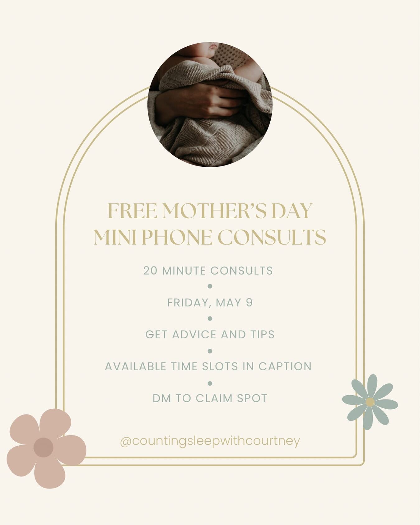 ✨ FREE Mother&rsquo;s Day Mini Phone Consults ✨

I want to do something special this Mother&rsquo;s Day! I am offering free 20-minute mini phone consults to 8 mamas on May 9. I will give sleep tips and advice, but this will not be a how-to on sleep t