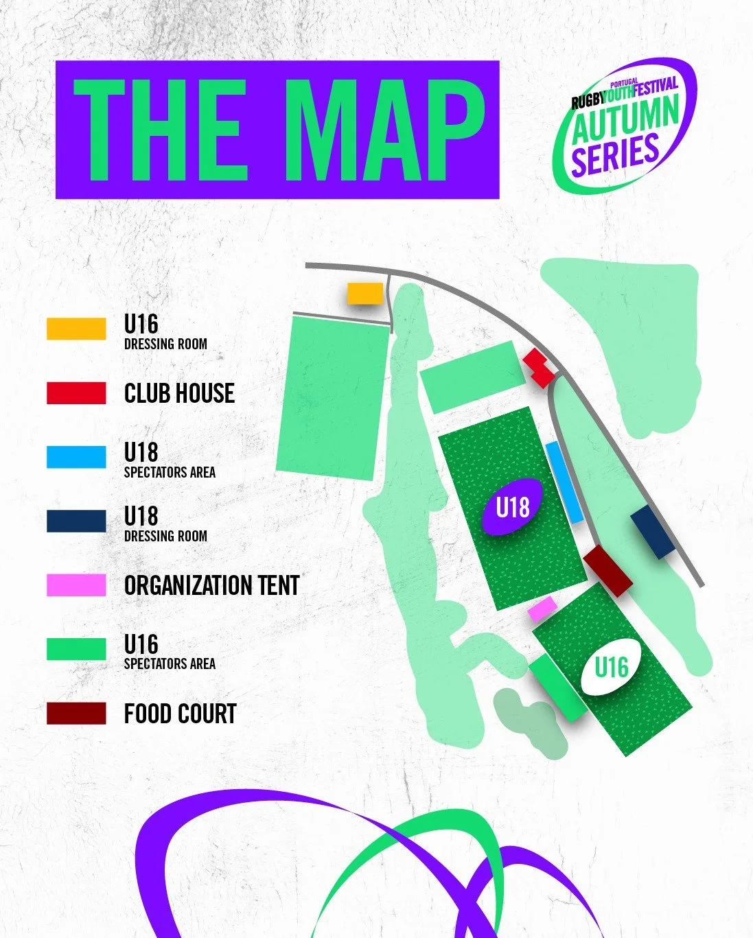 📍 The Portugal Rugby Youth Festival Autumn Series 2025 will take place at Agronomia Rugby Club, in Tapada da Ajuda, Lisbon!
Take a look at the venue map to get your bearings: you’ll find the pitches assigned to each age group, the changing roo