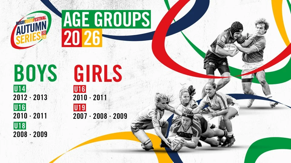 Age groups banner for the Portugal Rugby Youth Festival Autumn Series 2026, showing boys’ and girls’ categories with action images from youth rugby matches.