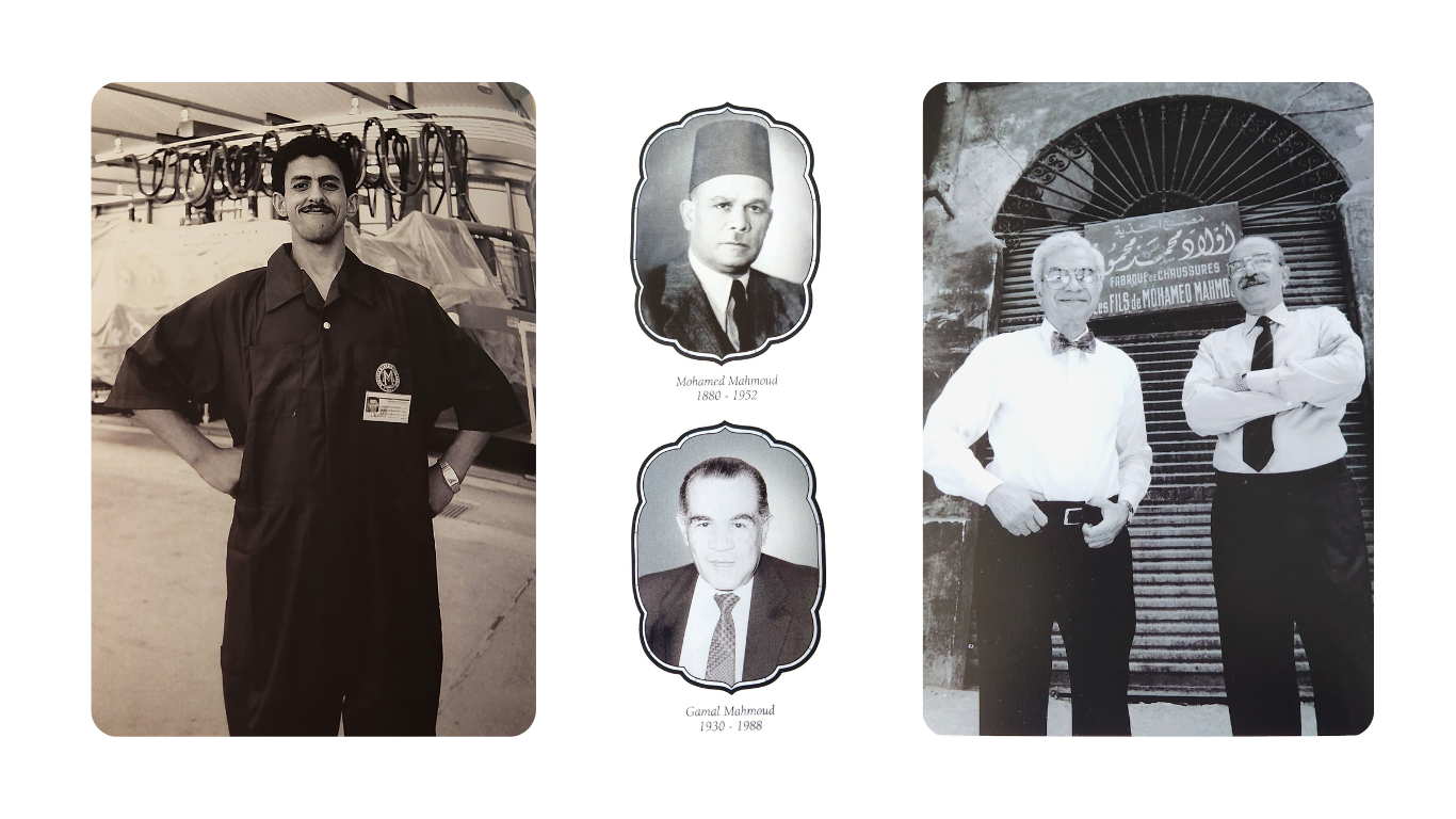 Composite of three historical photographs featuring two men in formal attire and one man in work clothes, with central portraits of Mohamed Mahmoud (1880-1952) and Gamal Mahmoud (1930-1988).