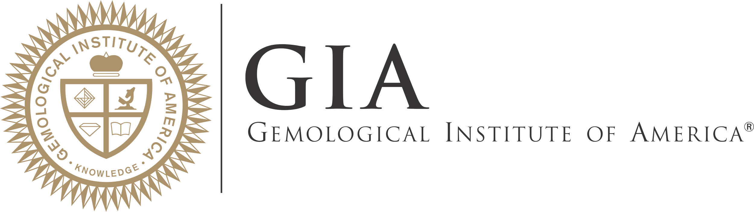 GIA logo with a circular emblem featuring a crown, a scale, a microscope, a diamond, and a letter B, accompanied by the text 'GIA Gemological Institute of America'.