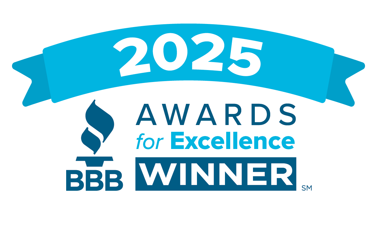 BBB Awards for Excellence 2025 Winner badge with blue ribbon and award torch icon.