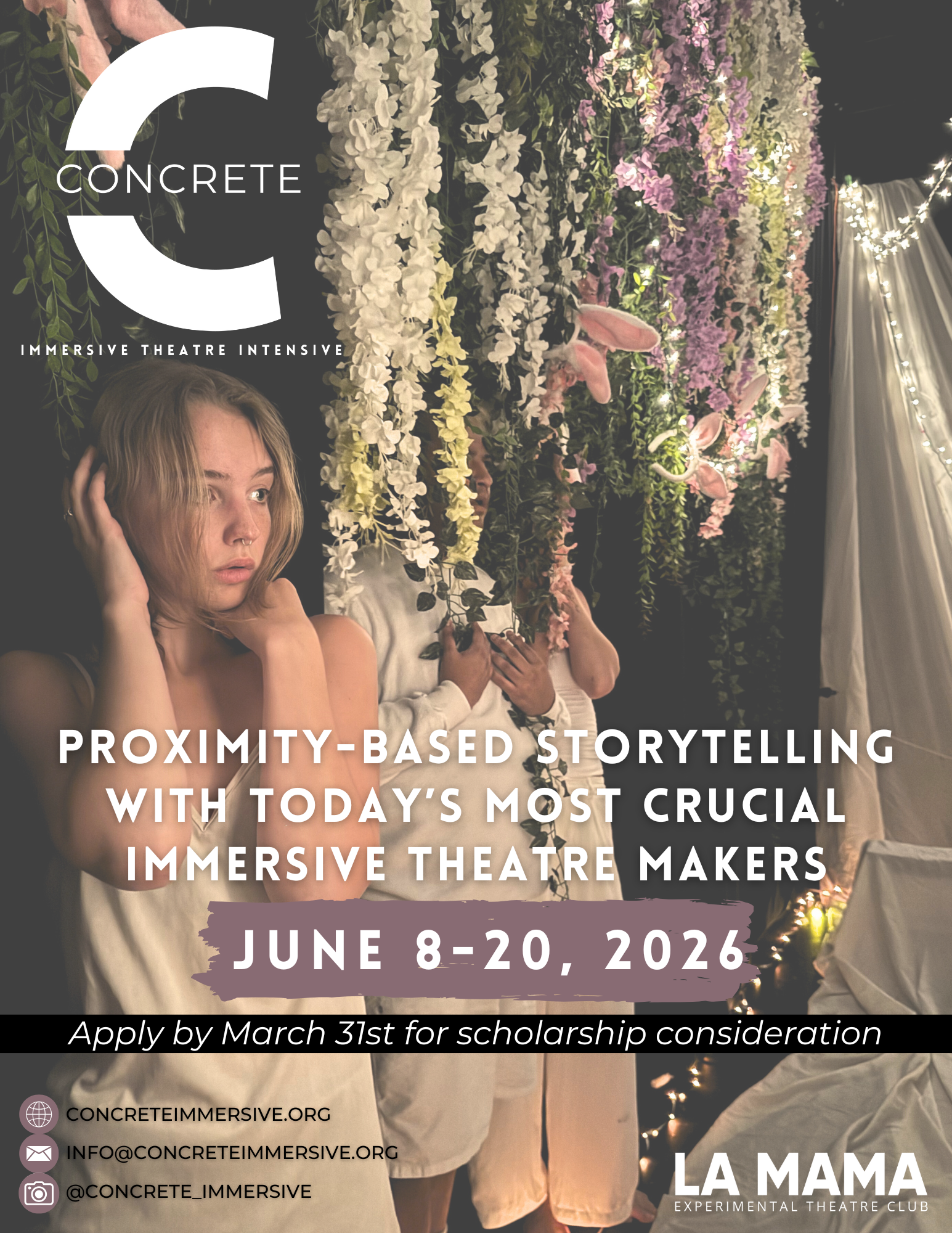 A promotional poster for CONCRETE, an immersive theatre course, showing a woman with short blonde hair, standing in front of a floral backdrop with purple, white, and pink flowers, and string lights on the right side. The poster includes text about the event dates, application deadline, and contact information.