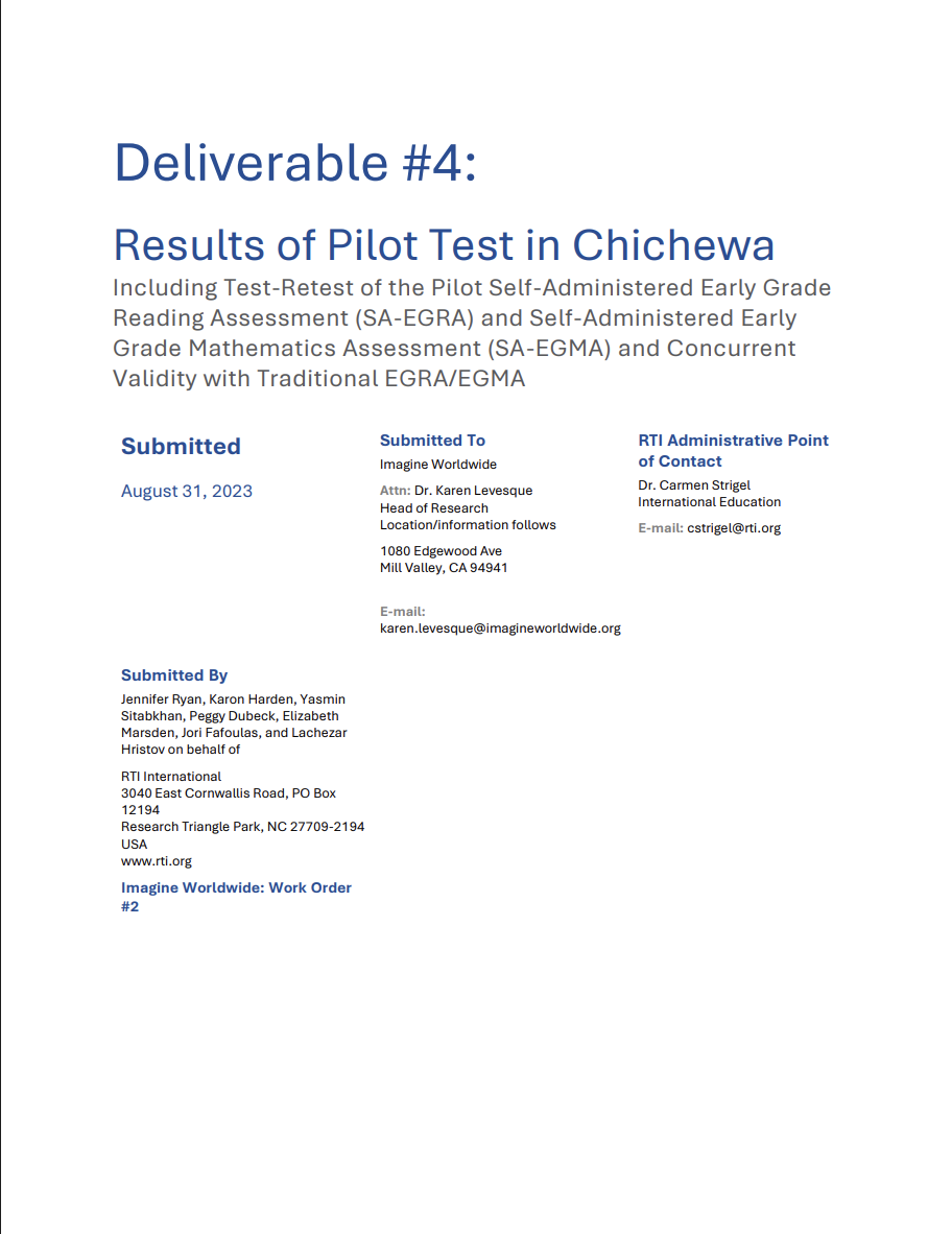 Informe: Resultados del proyecto piloto de autoevaluación EGRA/EGMA en chichewa en Malaui