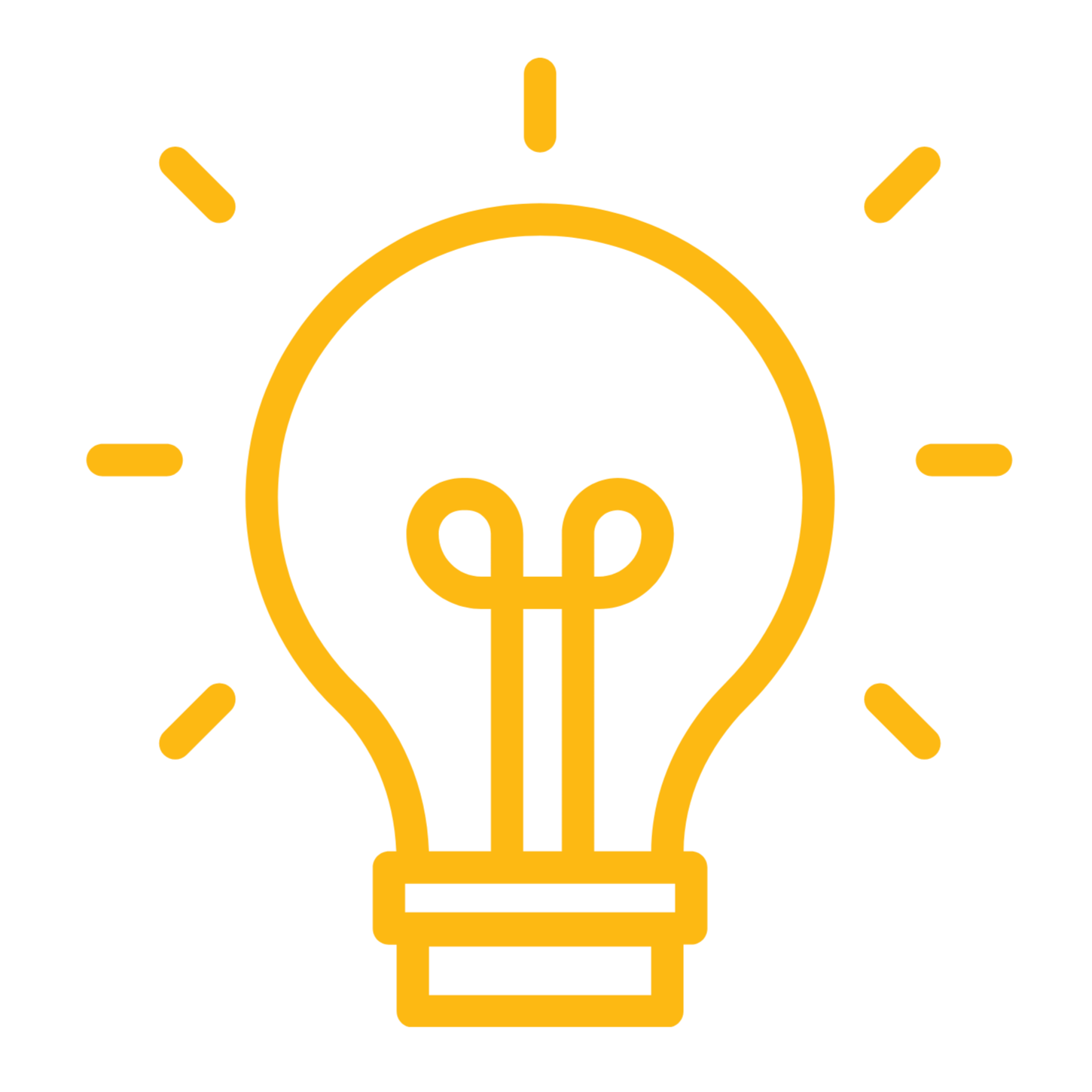 Yellow outline of a light bulb with rays emanating from it, symbolizing an idea or innovation.