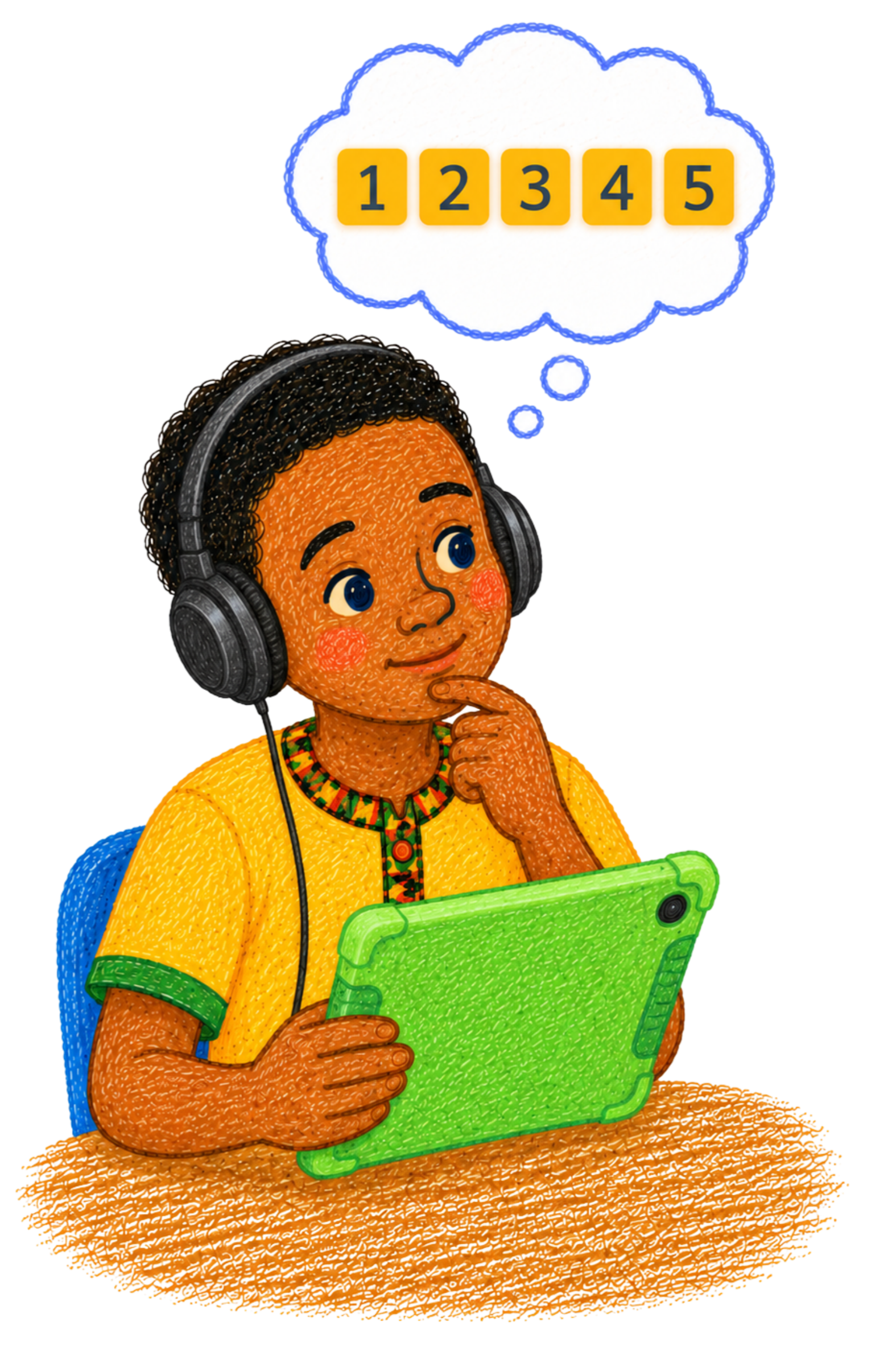A young person with dark curly hair wearing headphones and a yellow shirt with green accents, holding a green tablet, and thinking about the numbers 1 to 5 inside a speech bubble.