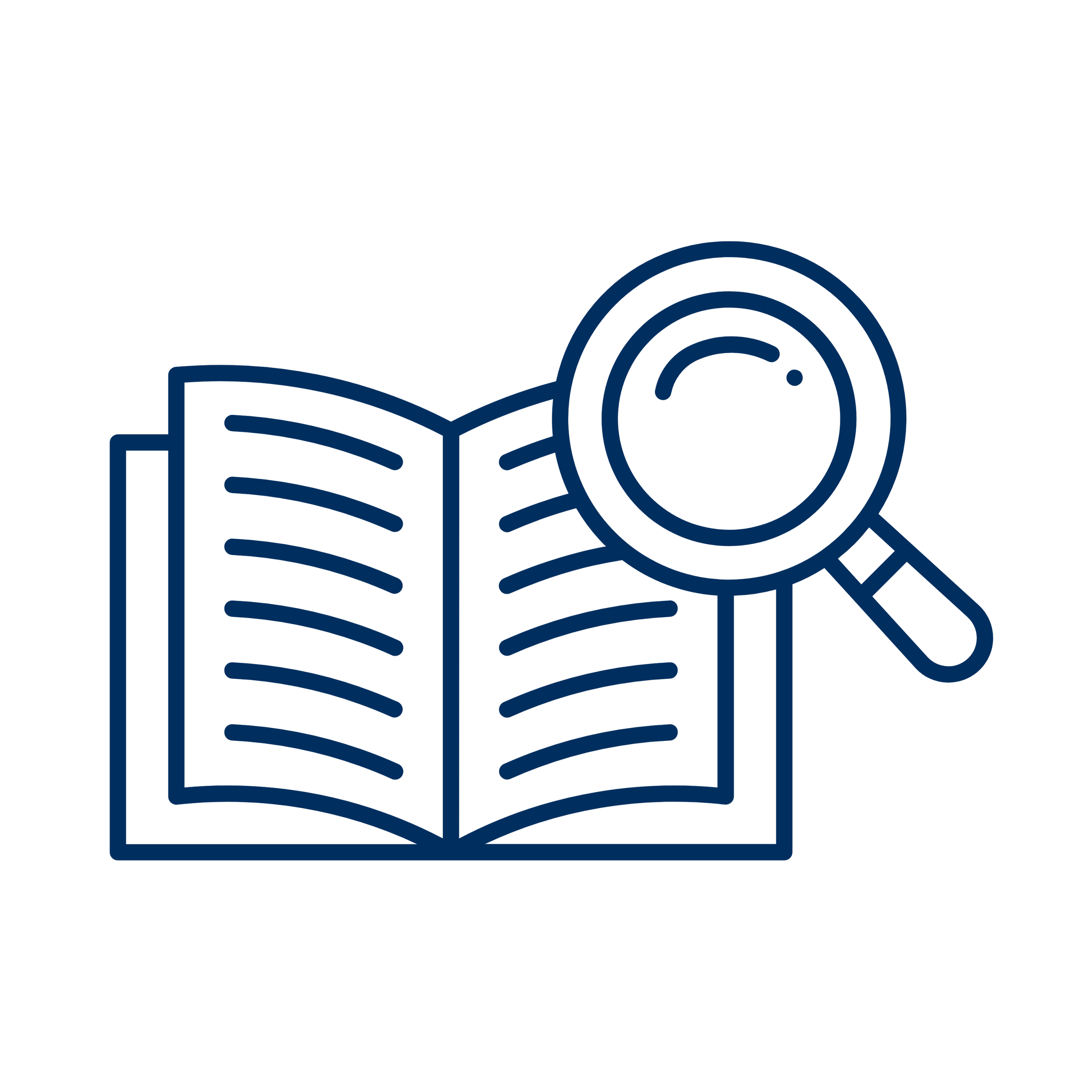 Outline of a stack of books, a rolled-up scroll, and a magnifying glass.