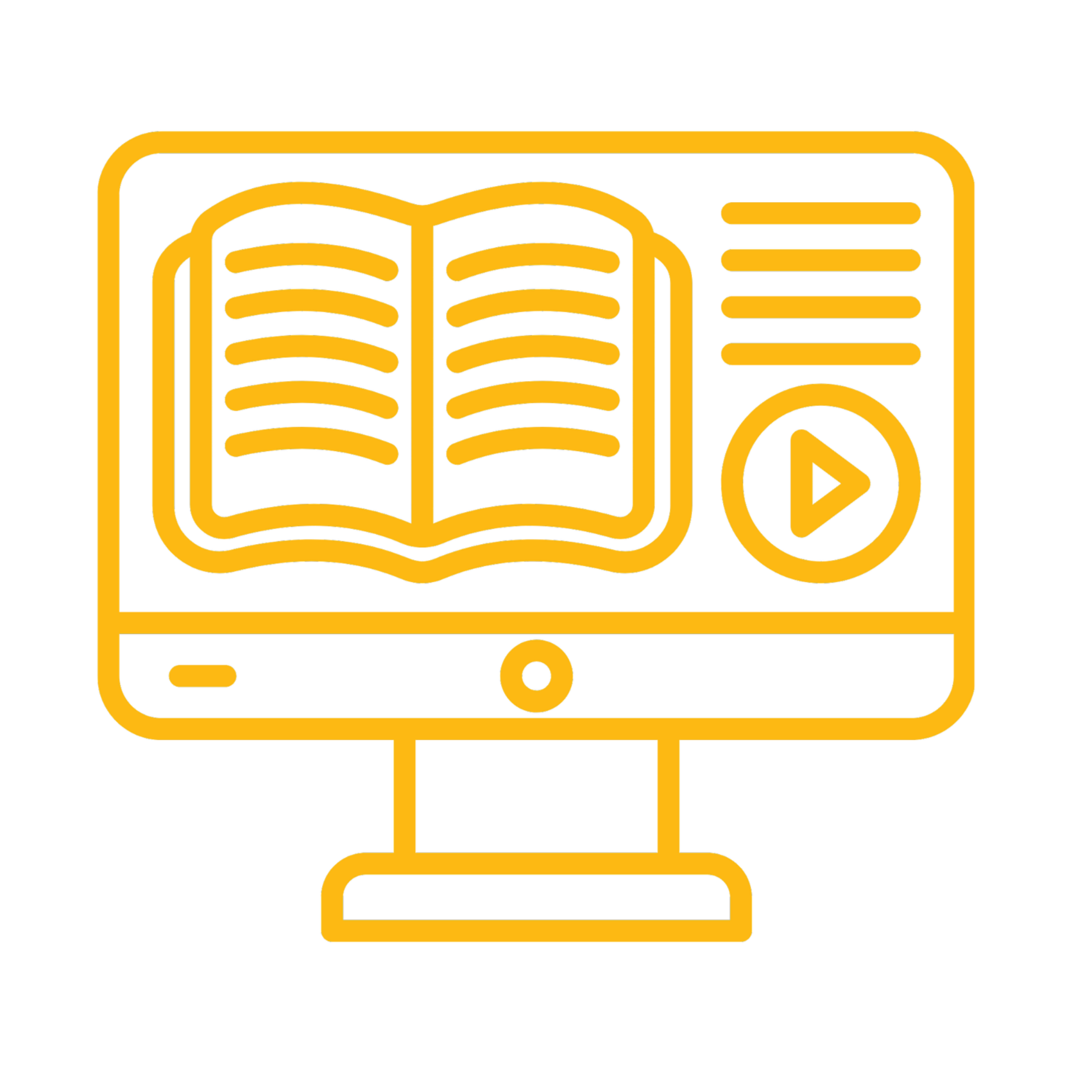 Outline icon of a computer screen displaying an open book and a play button, suggesting online learning or educational video content.