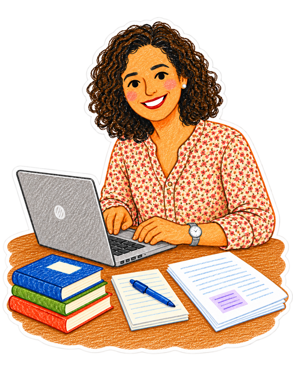 A woman with curly hair smiling while working at her desk with a laptop, notebooks, papers, and a pen.