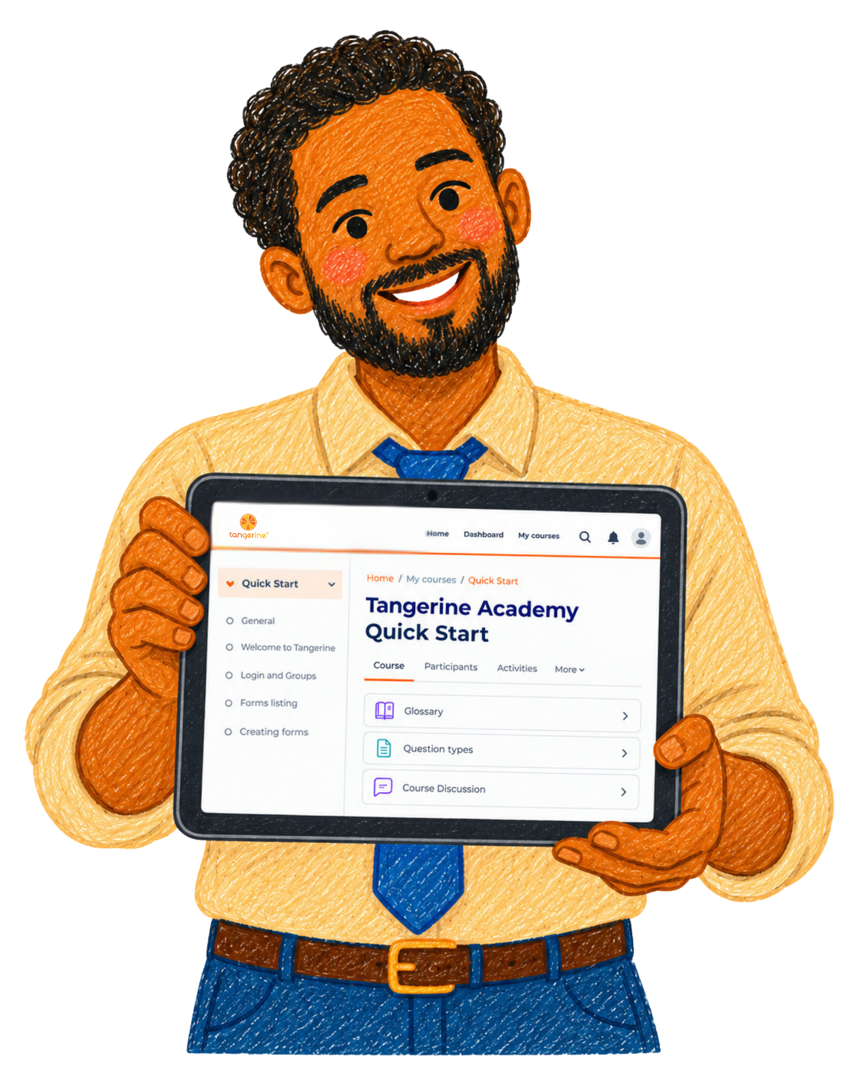 Cartoon man with dark curly hair and a beard, in a yellow shirt and blue tie, holding a tablet displaying an online learning platform called Tangerine Academy.