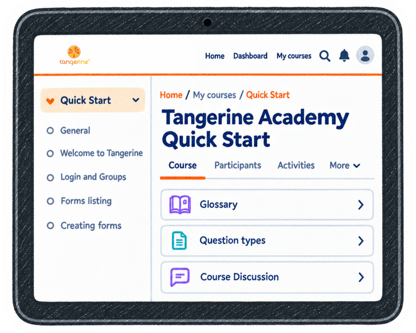 Screenshot of an online course platform, showing the Tangerine Academy Quick Start page with a menu on the left and course options in the main content area.