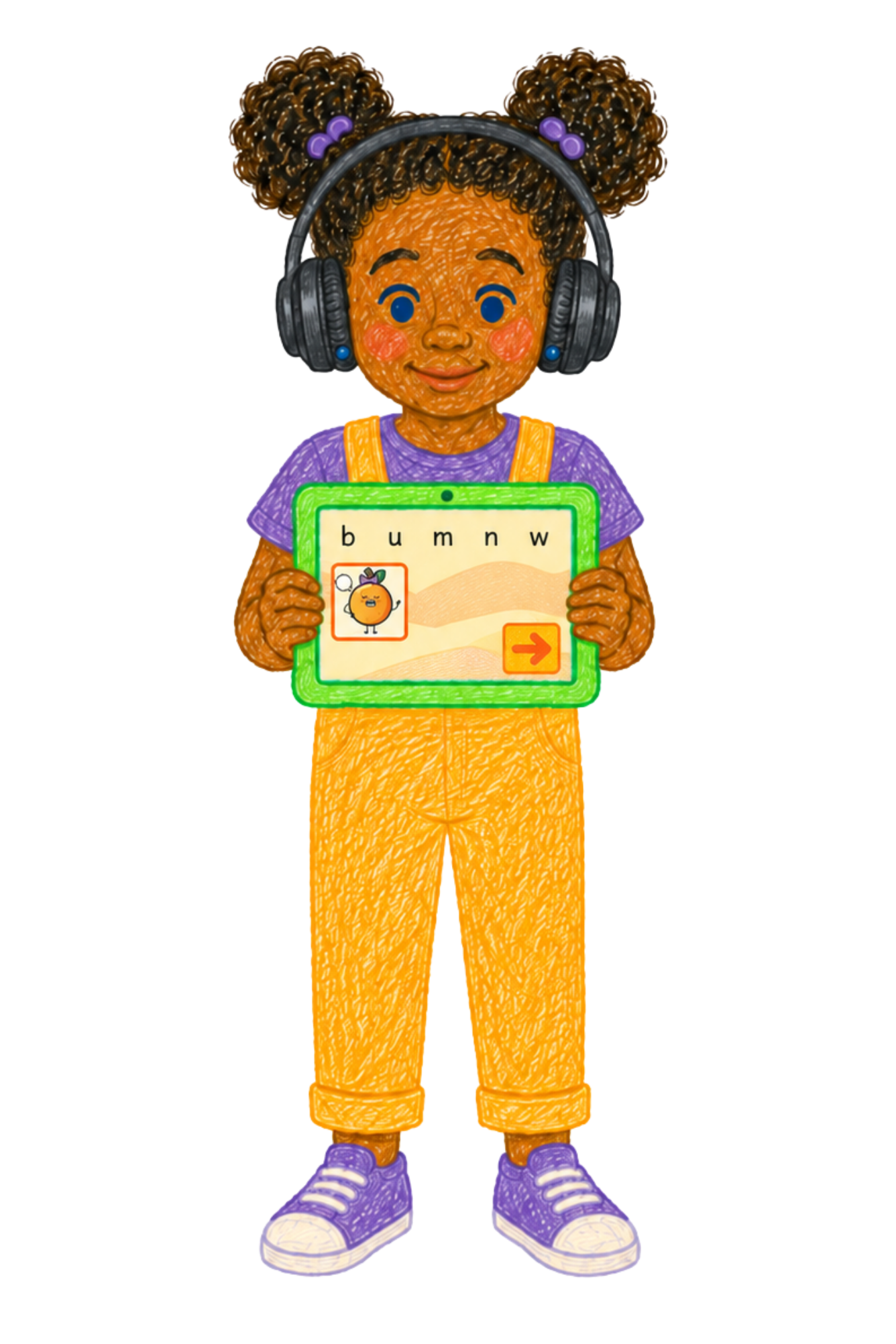 Digital illustration of a young girl with curly hair styled in puffs, wearing large headphones, a purple shirt, orange overalls, and sneakers, holding a tablet device displaying a cartoon pumpkin character and the letters 'b', 'u', 'm', 'n', 'w'.