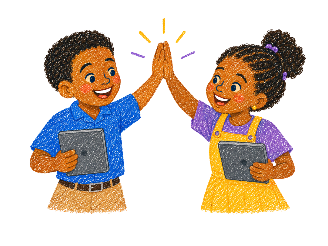 Two children high-fiving each other while holding digital tablets, smiling cheerfully.