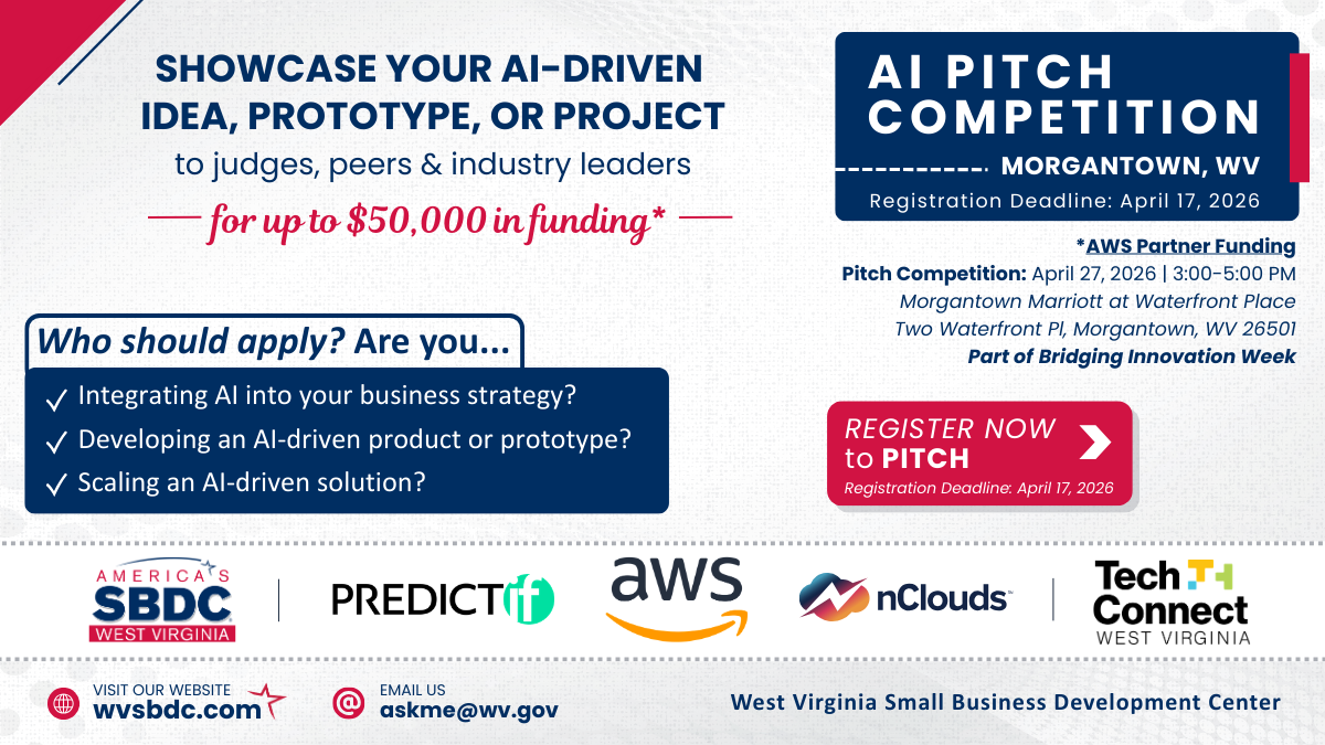 West Virginia SBDC announces AI Pitch Competition, with awards up to $50,000 in professional services, for small businesses to be held during Bridging Innovation Week&nbsp;
