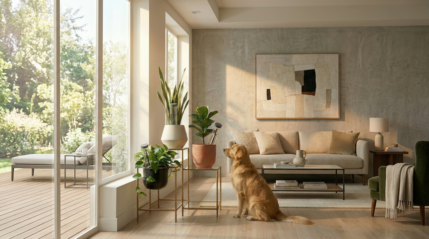 Living room with large windows showing a garden, a golden retriever sitting on the floor, modern furniture, plants, a coffee table, and a painting on the wall.