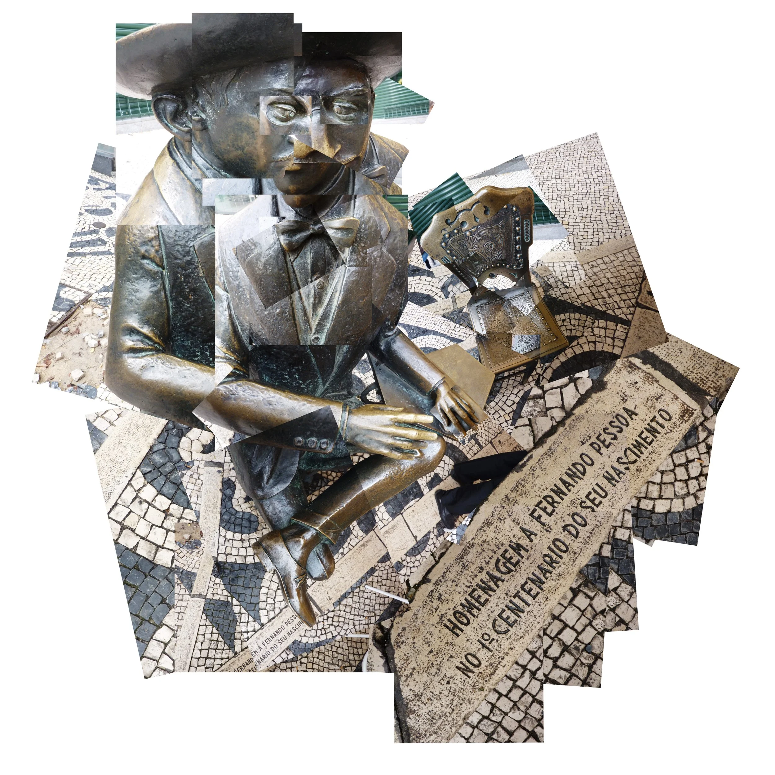 A collage of a bronze statue of a young boy wearing a hat and suit, with a book in his lap, placed on a mosaic pavement. There is a stone plaque with Portuguese text honoring Fernando Pessoa, a famous Portuguese poet.