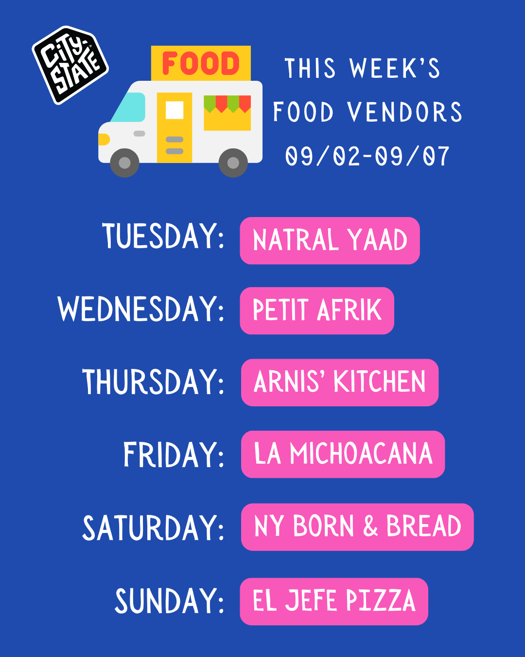 Food Vendors This Week 9/2-9/7