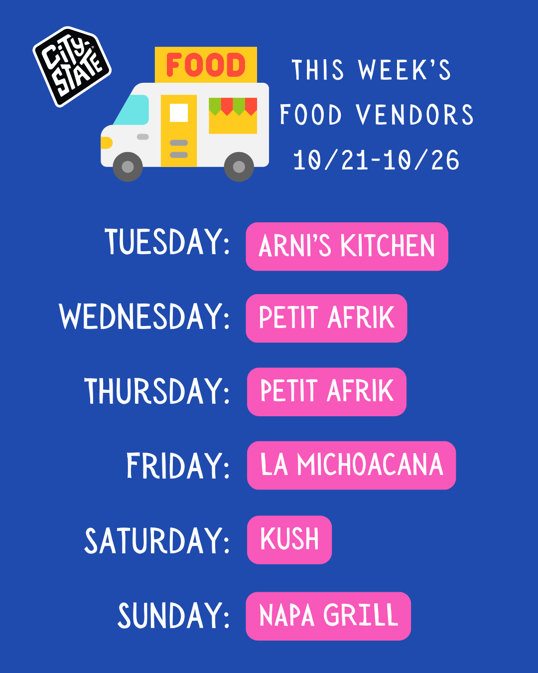 Feed Vendors 10/21-10/26