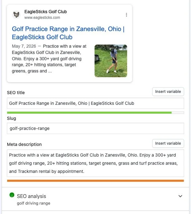 smbGOLF Yoast settings screenshot from EagleSticks Golf Club driving range page