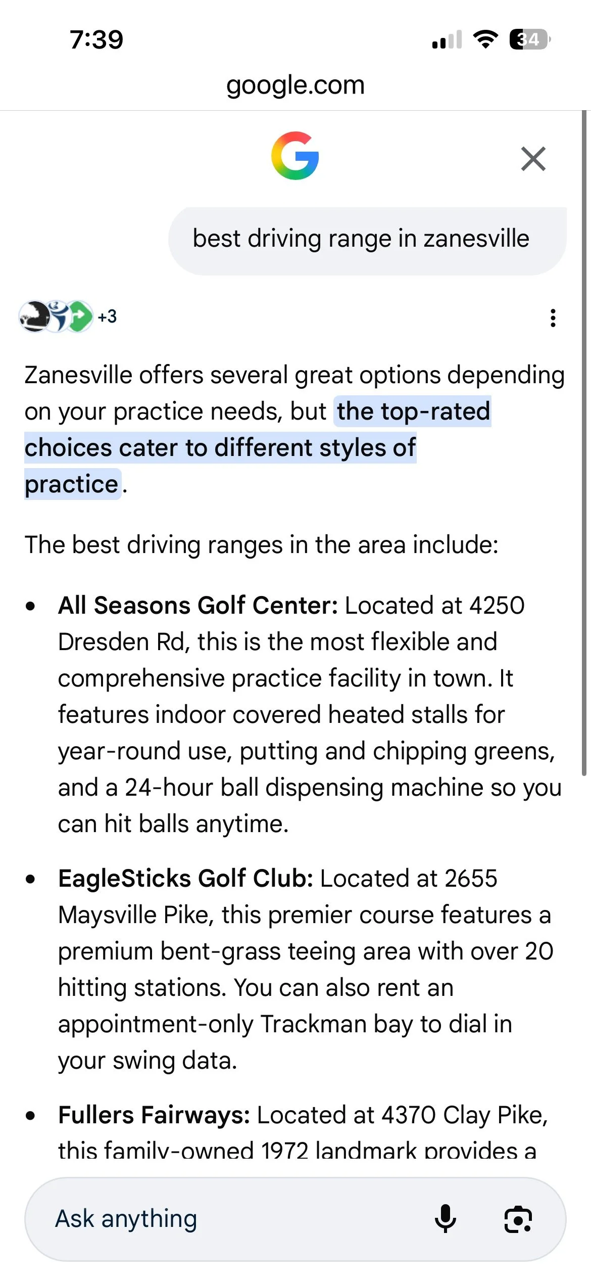 Google AI assisted search results for Best driving range in Zanesville