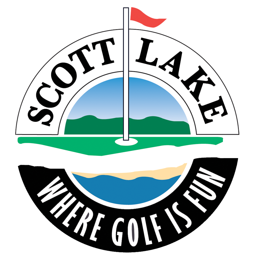 Logo of Scott Lake Golf Course, featuring a golf flag on a green with mountains and water in the background, and the text 'Scott Lake' at the top and 'Where Golf is Fun' at the bottom.