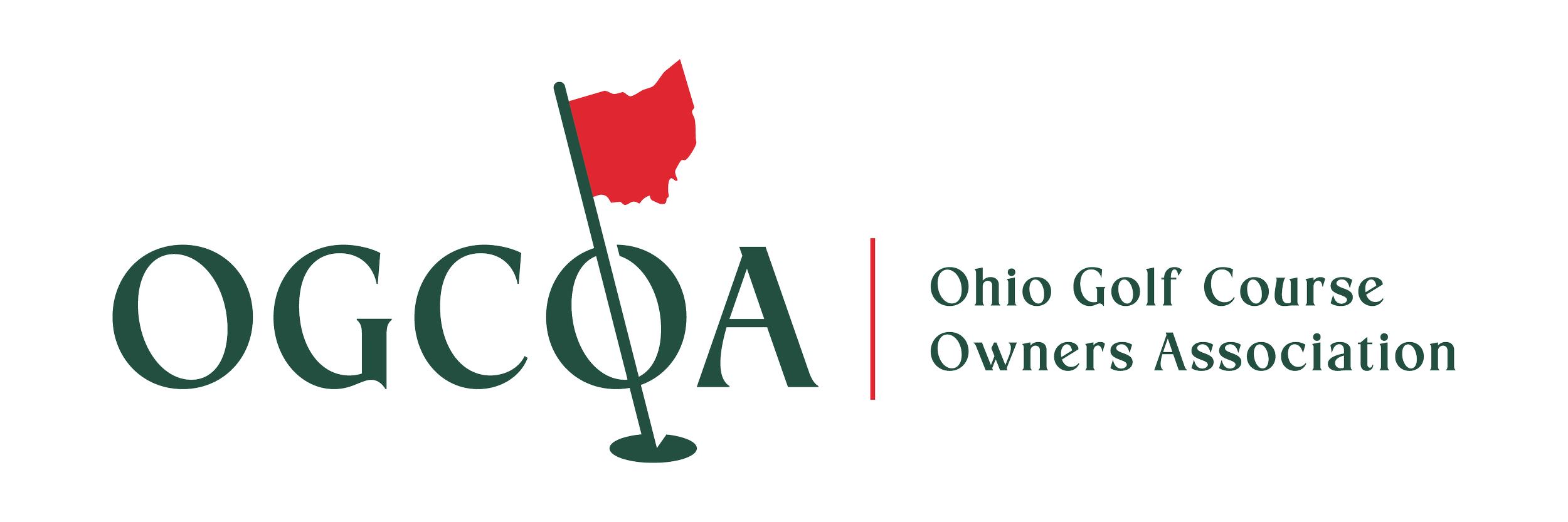 Logo of Ohio Golf Course Owners Association featuring a red map of Ohio with a golf flag and hook, with text Ohio Golf Course Owners Association.