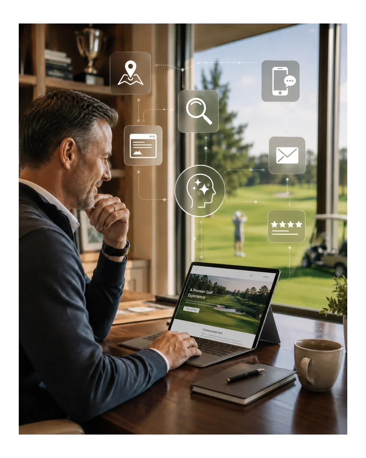 A man sitting at a wooden table using a laptop with a golf website on the screen, inside a room with a large window showing a golf course outside. Overlaid icons include a map pin, magnifying glass, website, phone message, email, and star ratings.