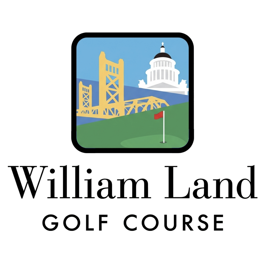 Logo for William Land Golf Course featuring a stylized illustration of a bridge, a government building, and a golf green with a flag, with the text 'William Land Golf Course' underneath.